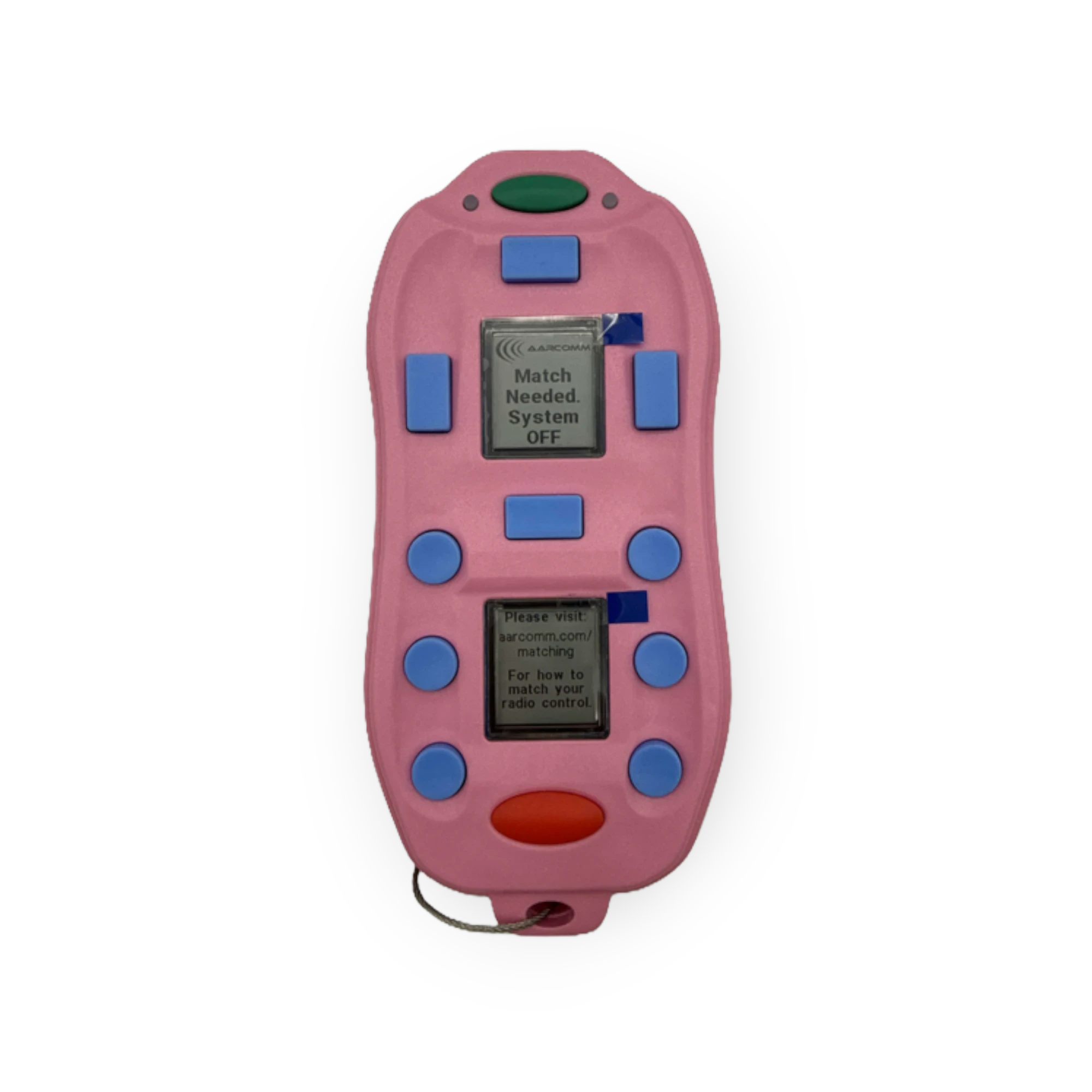 Sewershop Aarcomm Trident wireless remote control system with pink casing, blue buttons, and two digital displays.