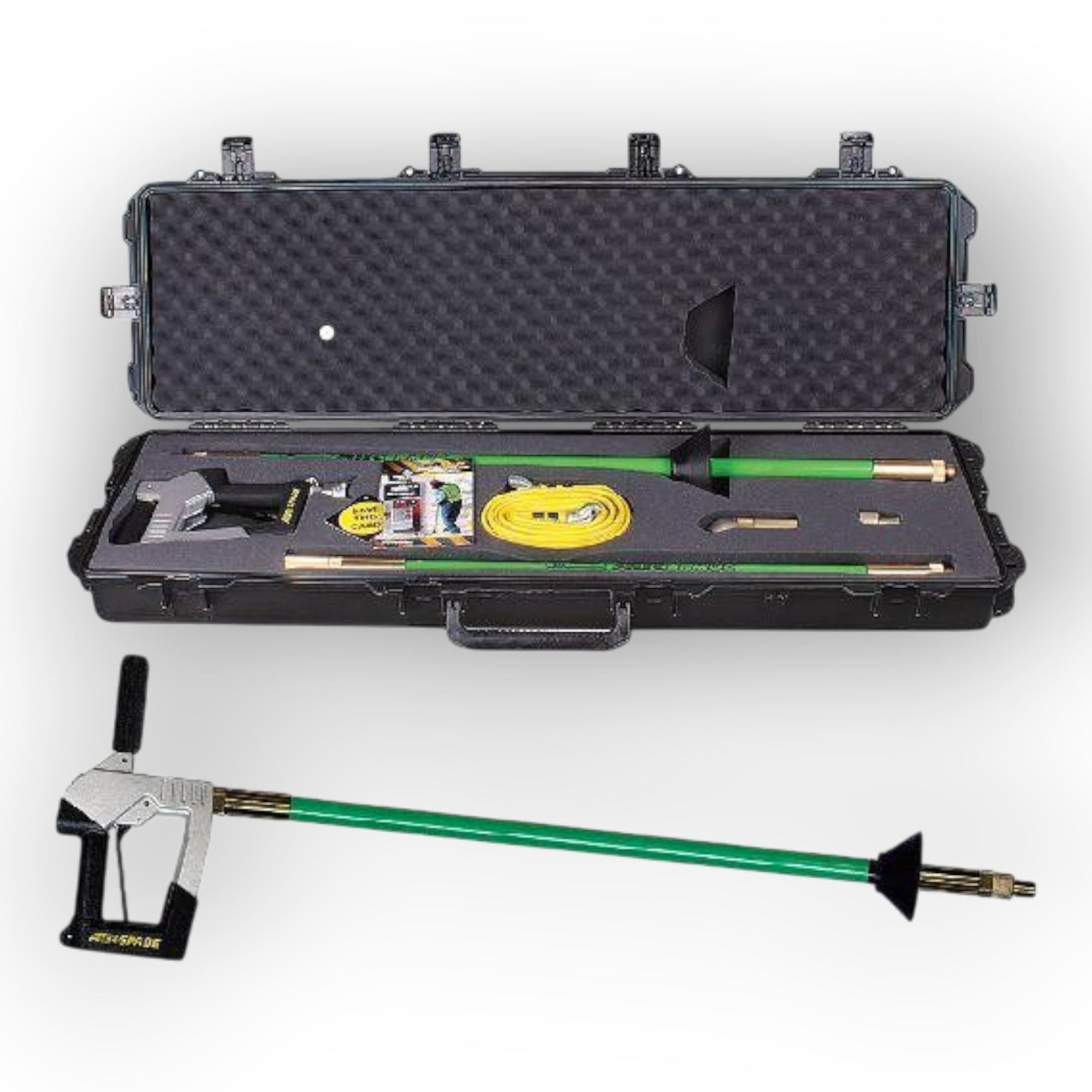 Sewershop Air Spade kit with green pneumatic excavation tool, handle, hose, and protective carrying case.
