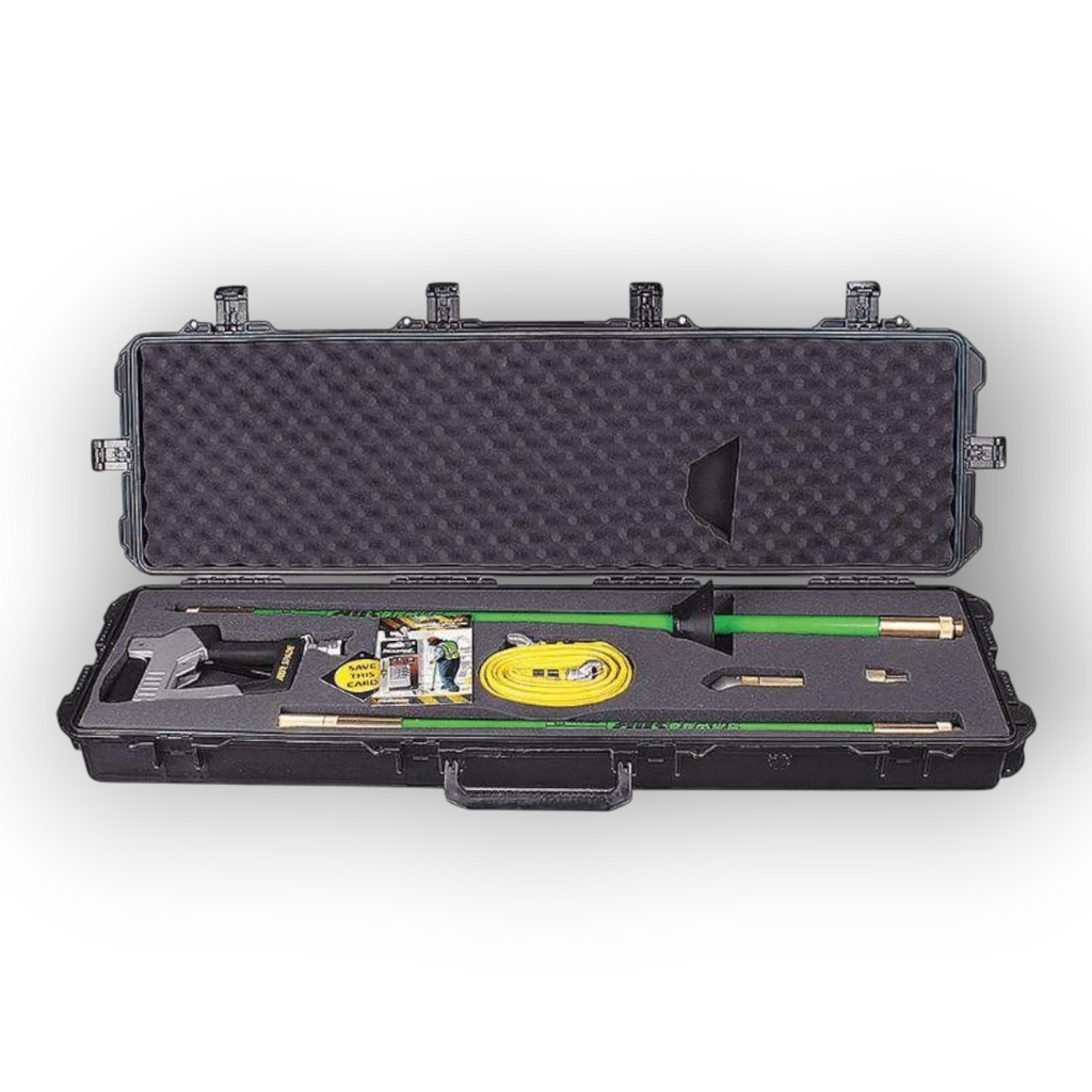 Sewershop Air Spade kit with green pneumatic excavation tool, yellow hose, and accessories in a black carrying case.