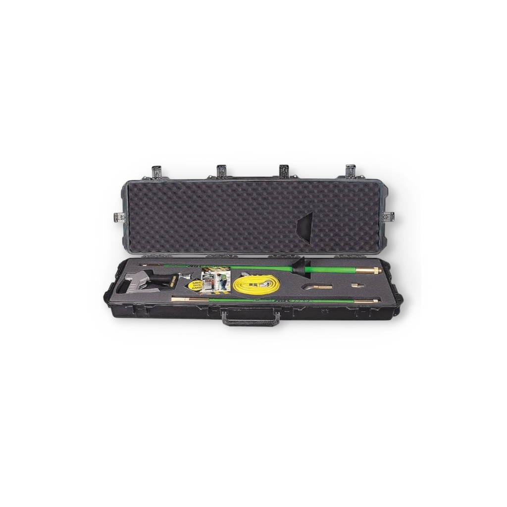 Sewershop AirSpade kit in a black carrying case with green extension wands, nozzles, and a yellow air hose.