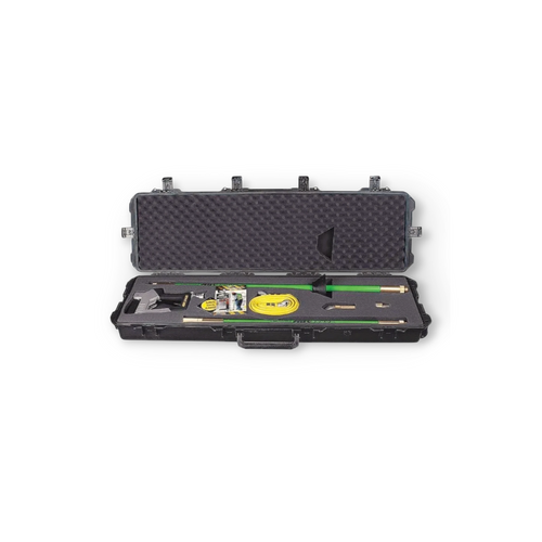 Sewershop AirSpade kit in a black carrying case with green extension wands, nozzles, and a yellow air hose.