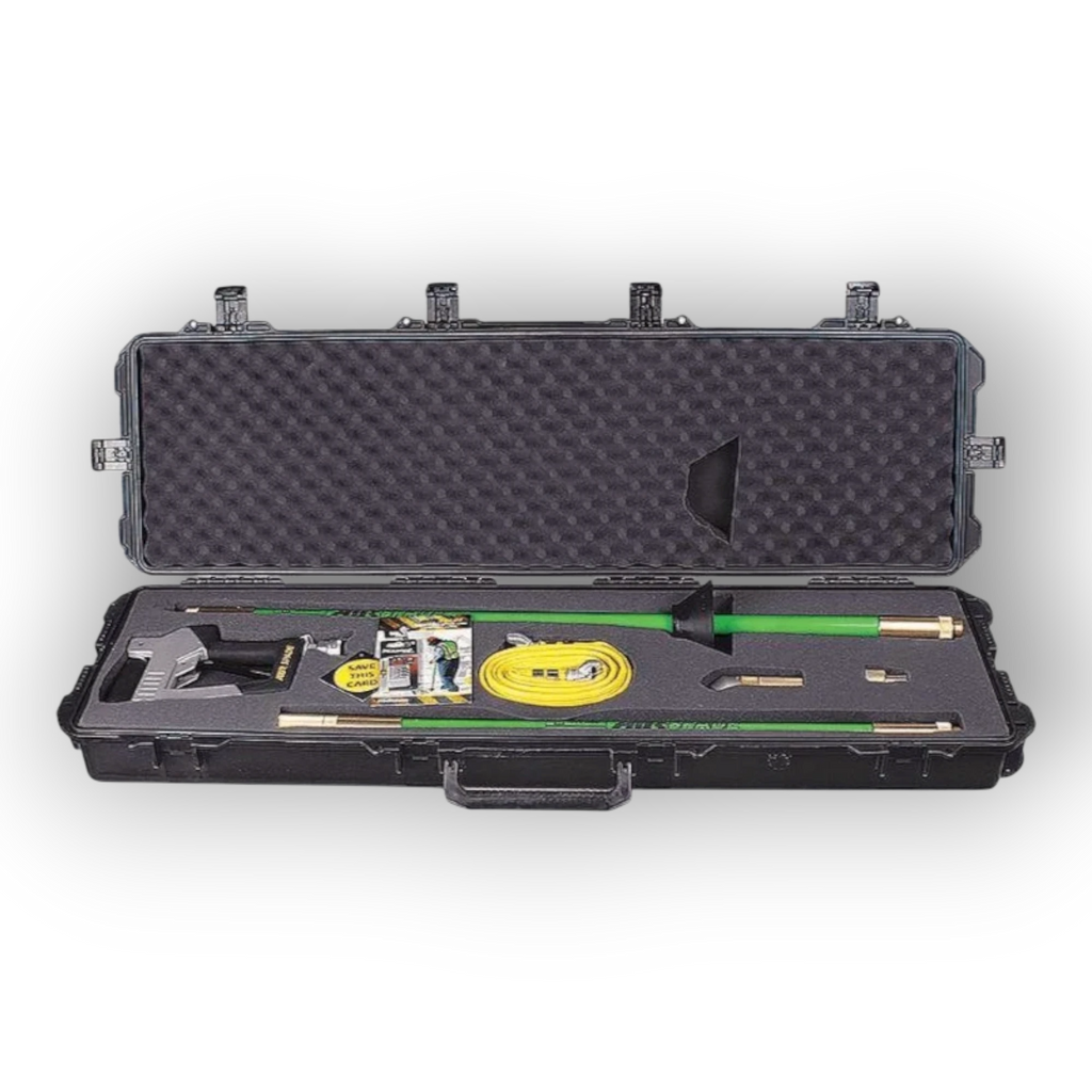 Sewershop AirSpade excavation tool kit with green extension wands, nozzles, and yellow hose in a foam-lined hard case.