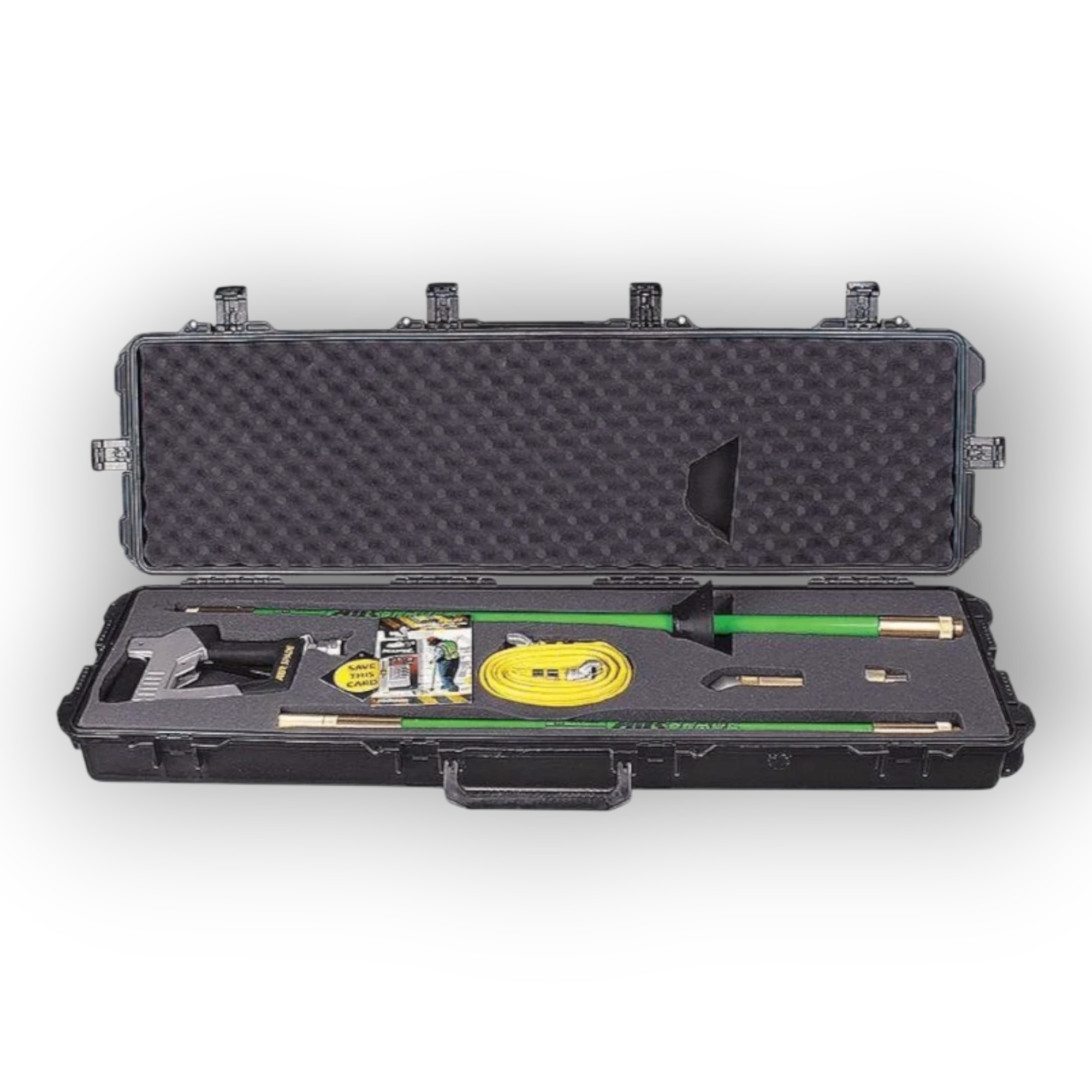 Sewershop AirSpade excavation tool kit with green extension wands, nozzles, and yellow hose in a foam-lined hard case.