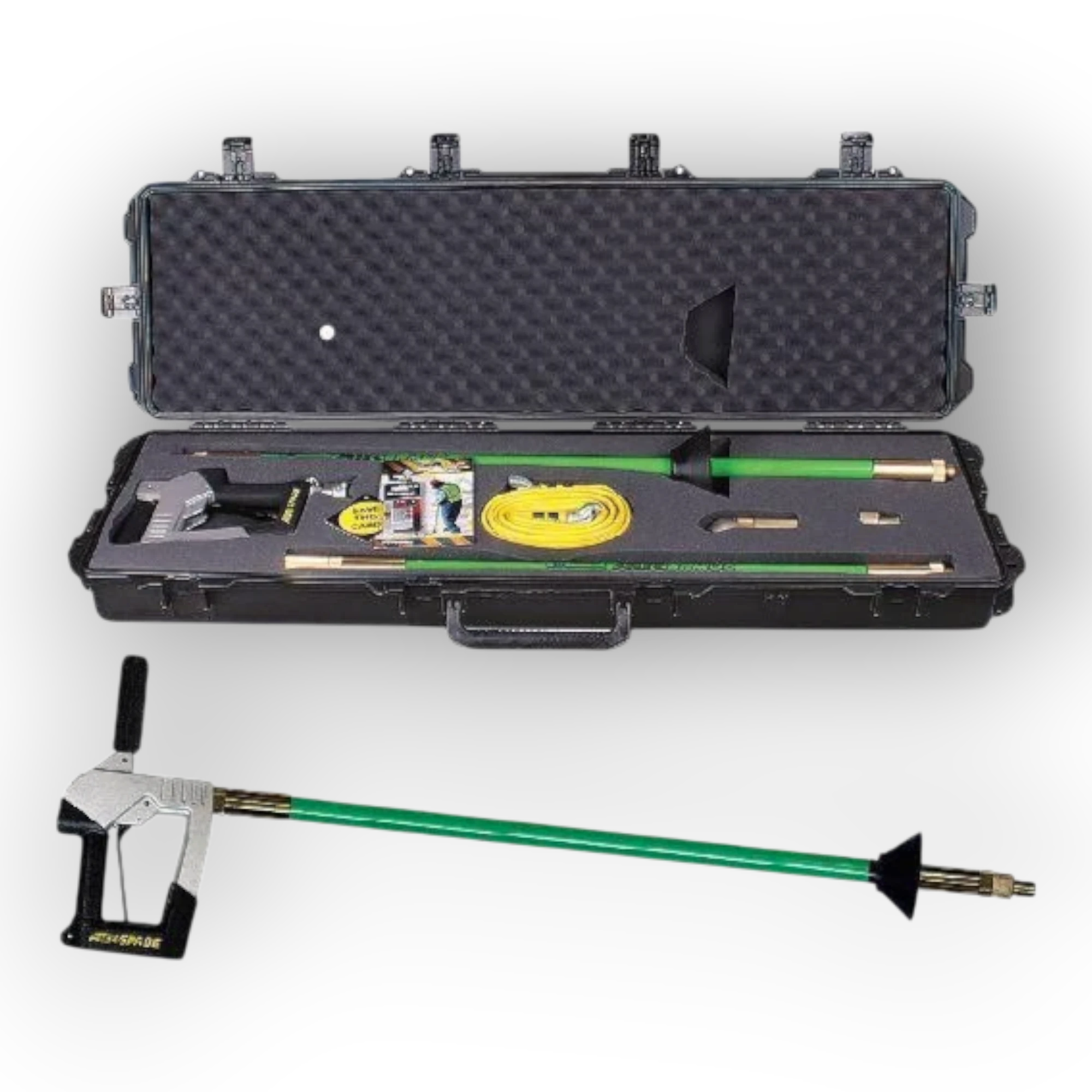 Sewershop AirSpade excavation tool kit with green extension wands, nozzles, and carrying case for air digging work.