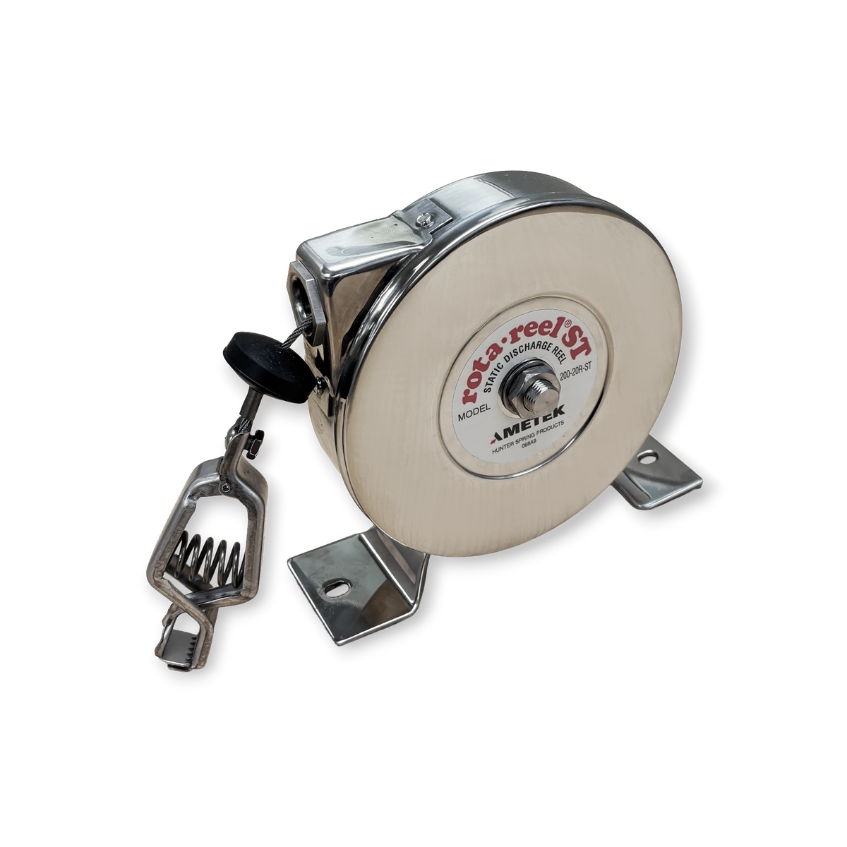Sewershop AMETEK Hunter Spring Rota-Reel static grounding reel with metallic housing, cable, and heavy-duty jaw clamp.