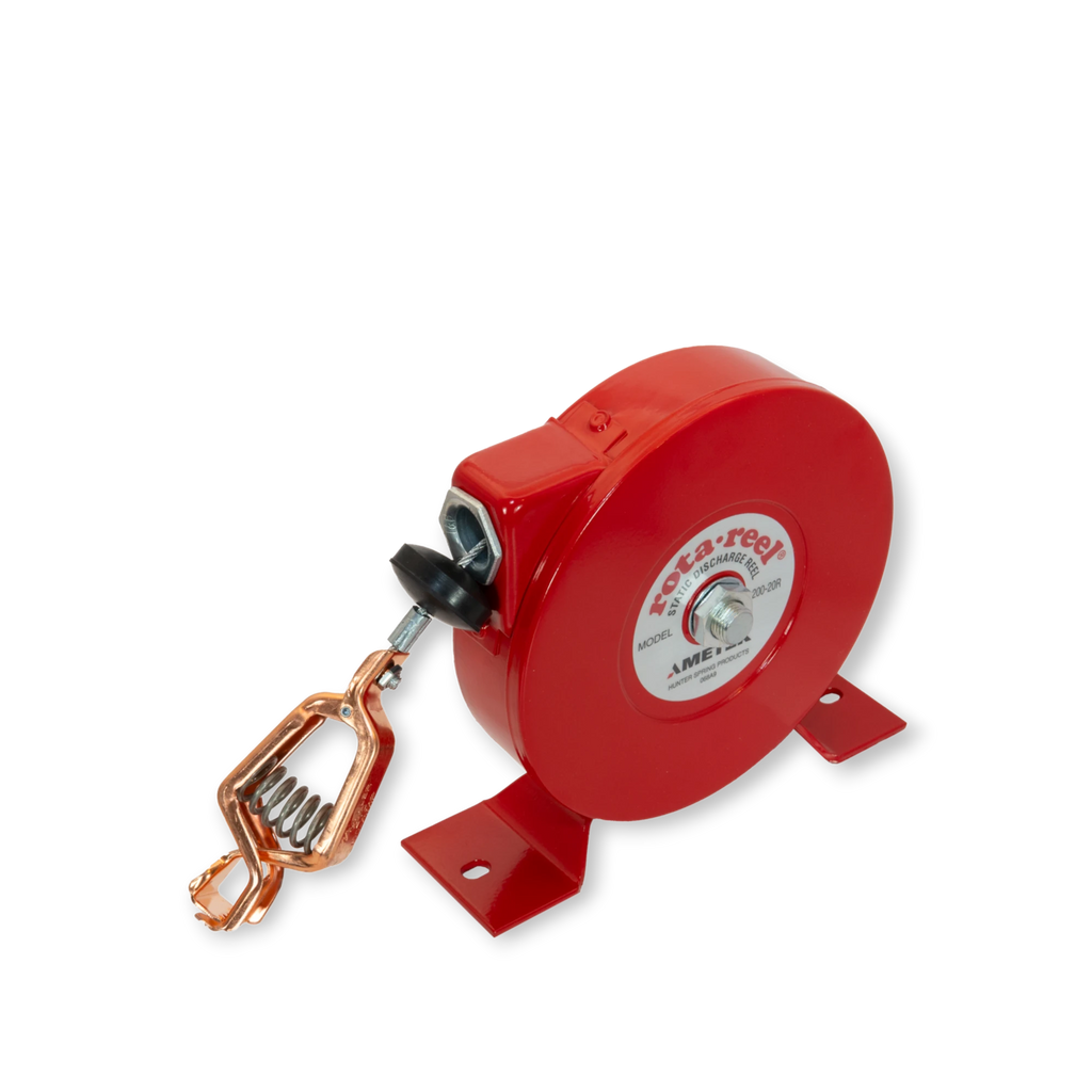 Sewershop AMETEK Hunter Spring Rota-Reel static grounding reel with red powder-coated housing and copper jaw clamp.