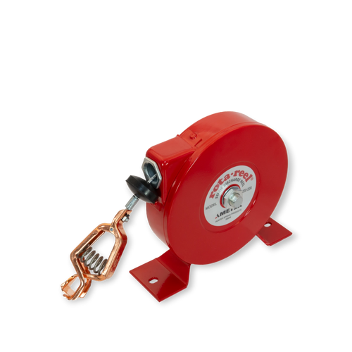 Sewershop AMETEK Hunter Spring Rota-Reel static grounding reel with red powder-coated housing and copper jaw clamp.