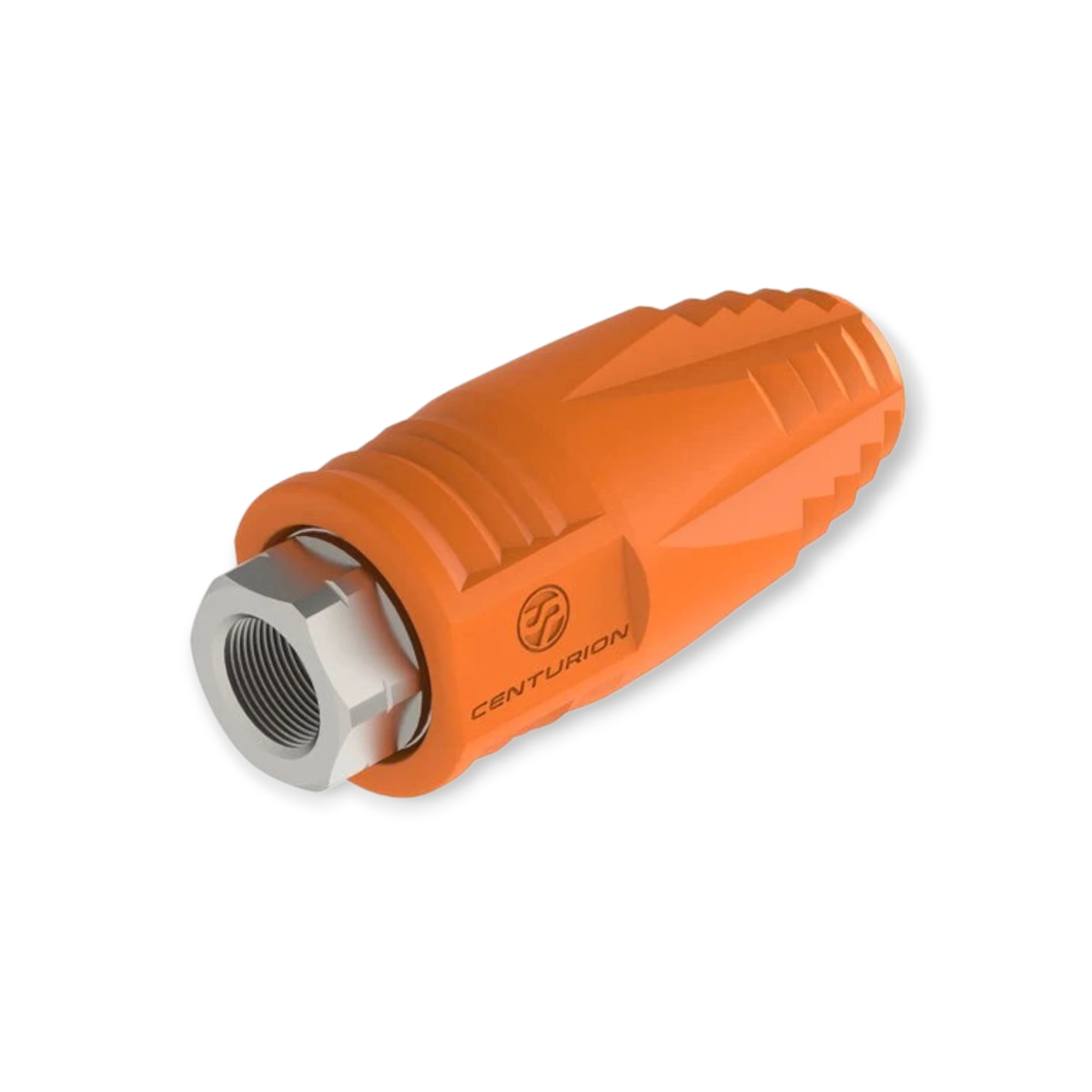 Sewershop Barens Centurion HX hydro excavation rotating nozzle with orange anti-static jacket and stainless steel inlet