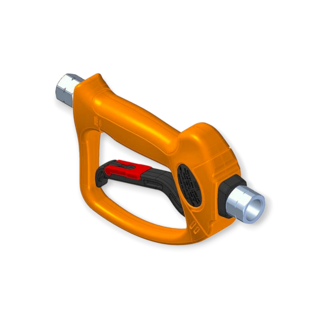 Sewershop Barens Gladiator HX1 1/2 inch linear spray gun in orange with an ergonomic trigger for hydro excavation.