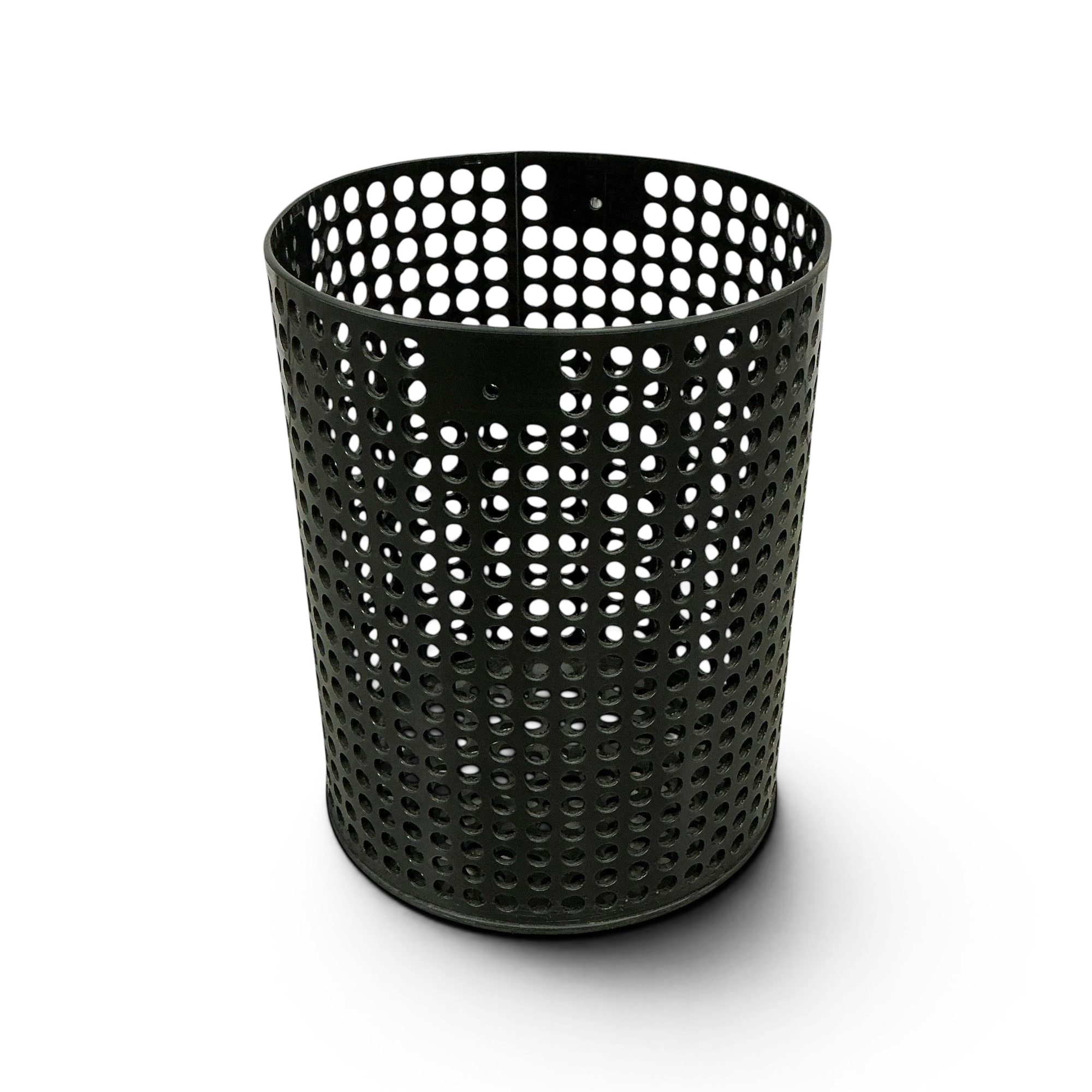 Sewershop black cylindrical perforated float ball cage for vacuum truck debris tank shutoff assembly