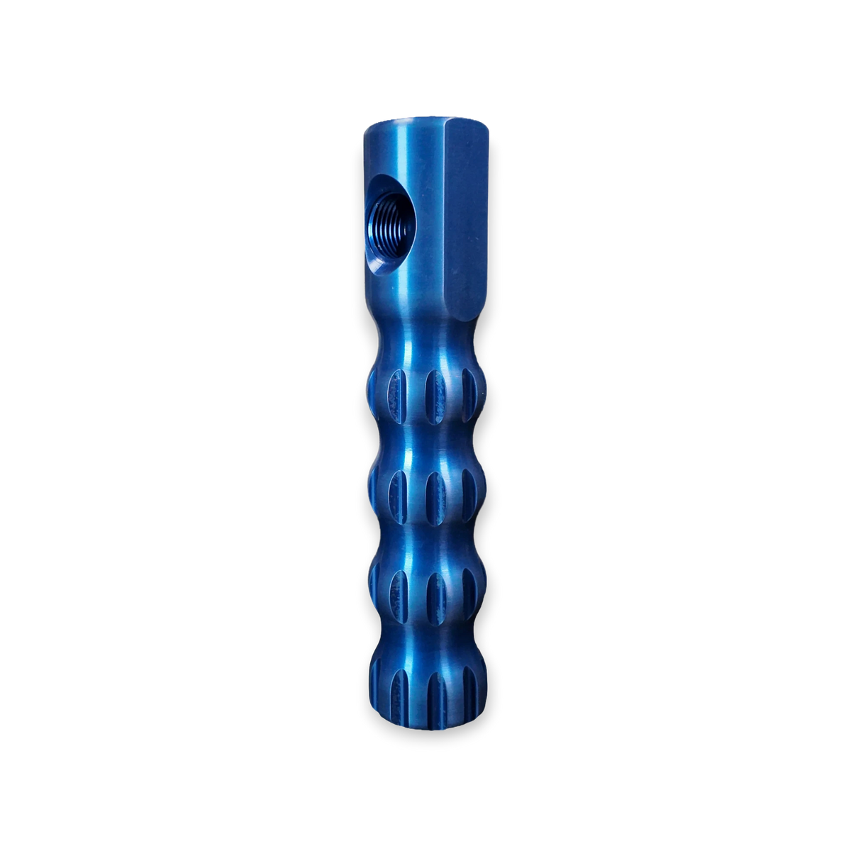 Sewershop blue anodized aluminum Dig Pig Easy Grip handle with contoured grooves for ergonomic jetting control