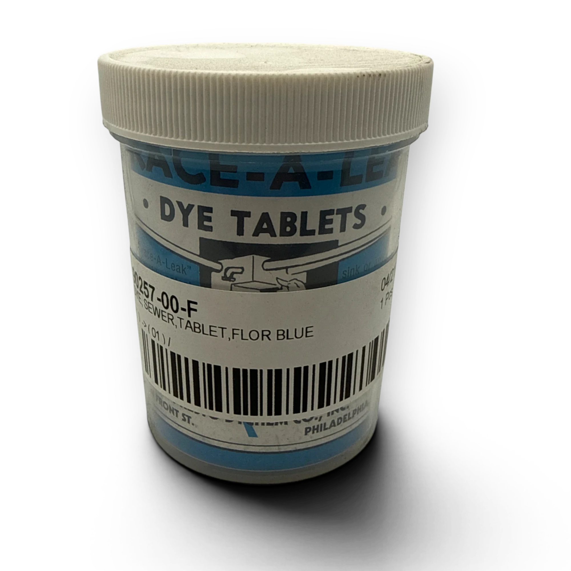 Sewershop fluorescent blue sewer dye tablets in a plastic container for leak detection and flow testing