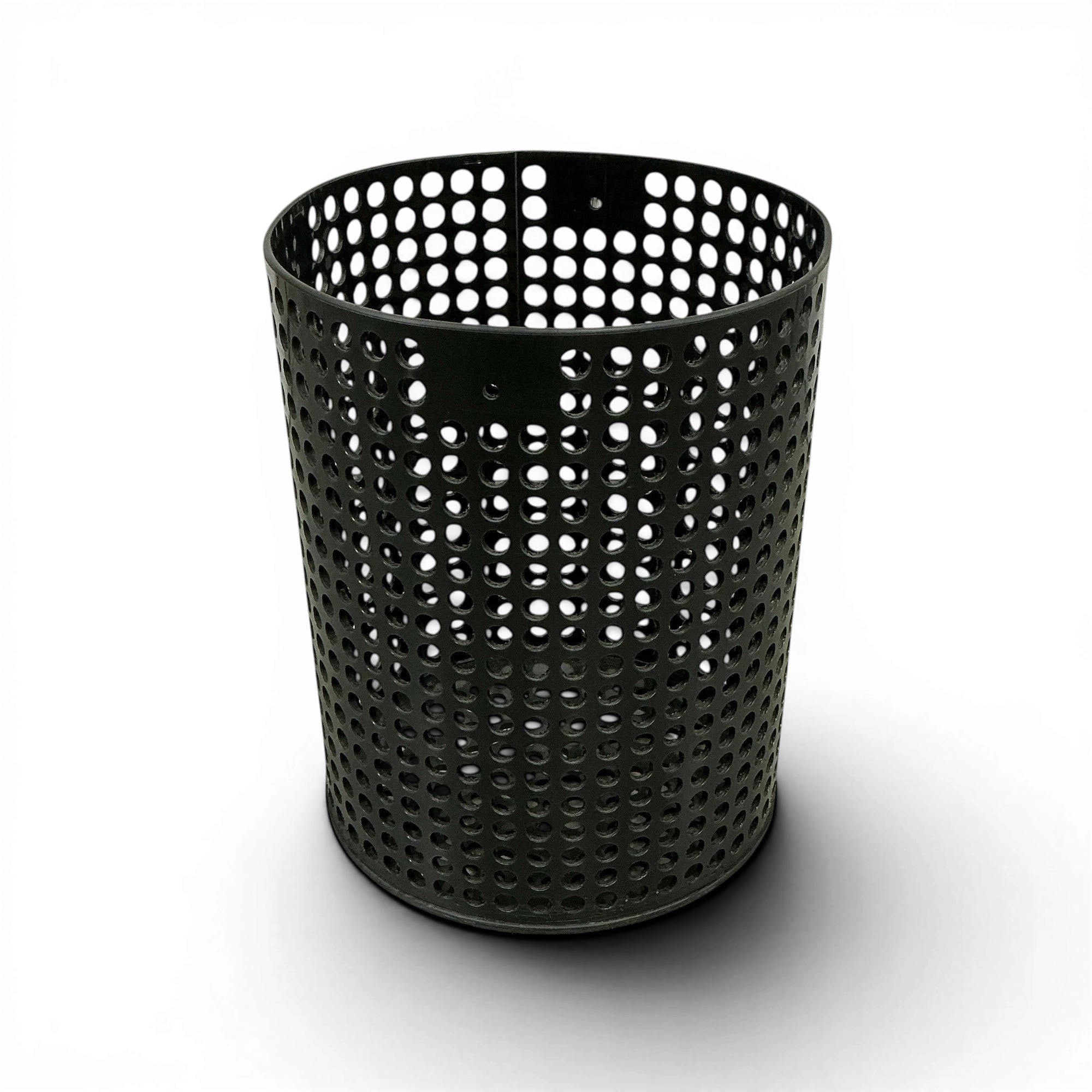 Sewershop black cylindrical debris tank float ball cage with perforated design for vacuum truck shutoff systems