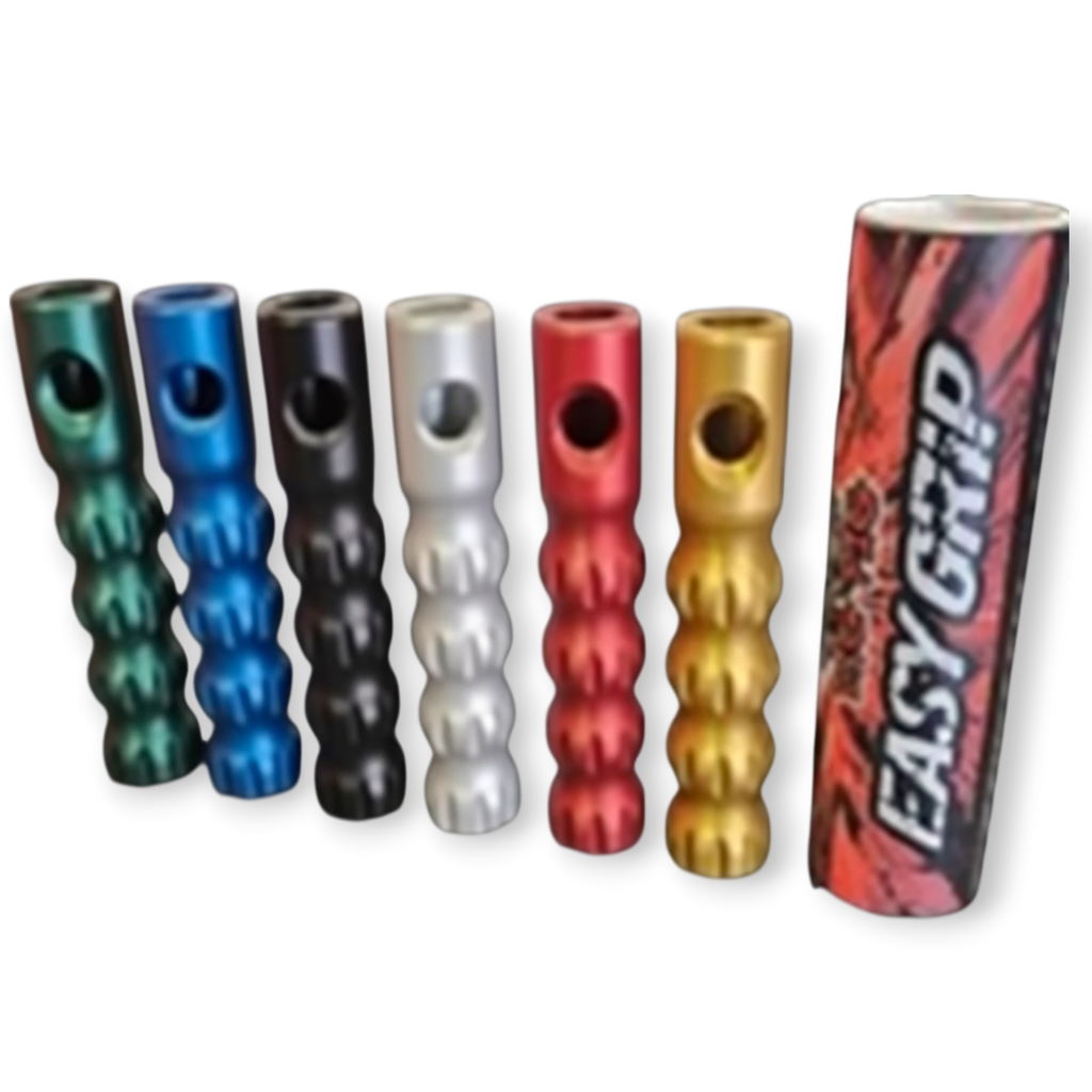 Sewershop Dig Pig Easy Grip handles in various anodized colors with a branded product tube for jetting equipment.