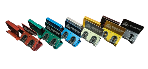 Sewershop Dig Pig Tool Grabbers in various anodized aluminum colors for wall-mount tool storage