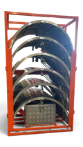 Sewershop EasyDig modular circular trench cage system stored in an orange metal rack with a diamond plate toolbox.