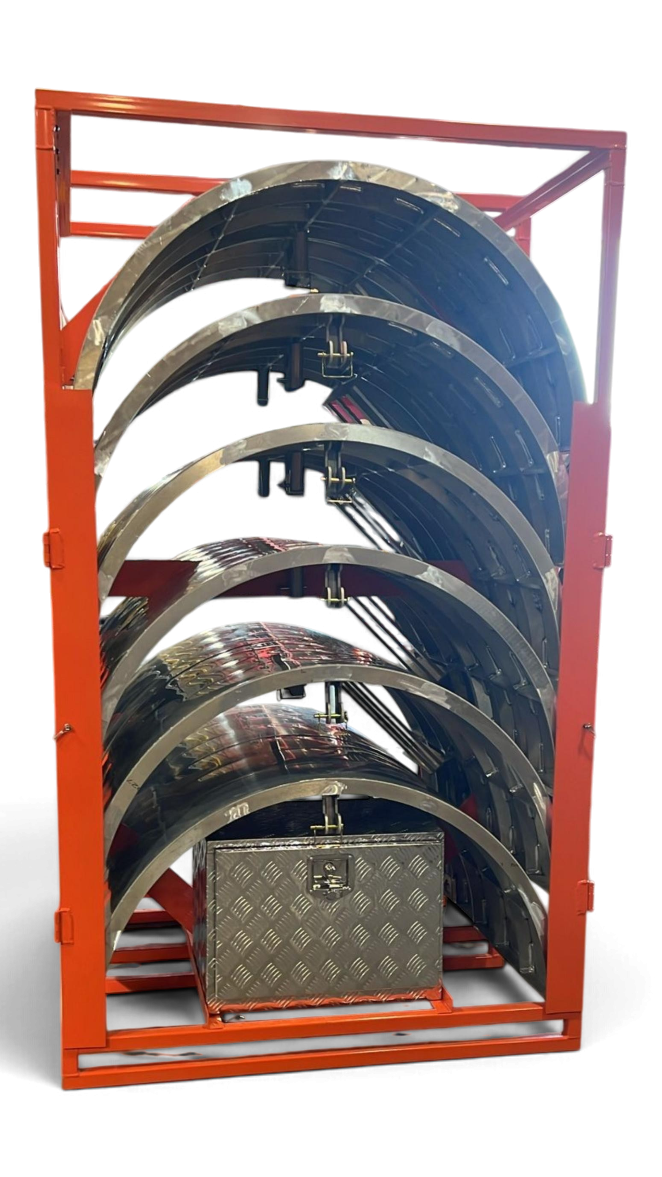 Sewershop EasyDig modular circular trench cage system stored in an orange metal rack with a diamond plate toolbox.