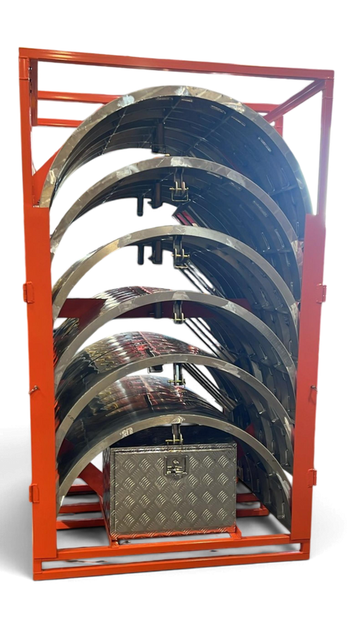 Sewershop EasyDig modular circular trench cage system stored in an orange metal rack with a diamond plate toolbox.