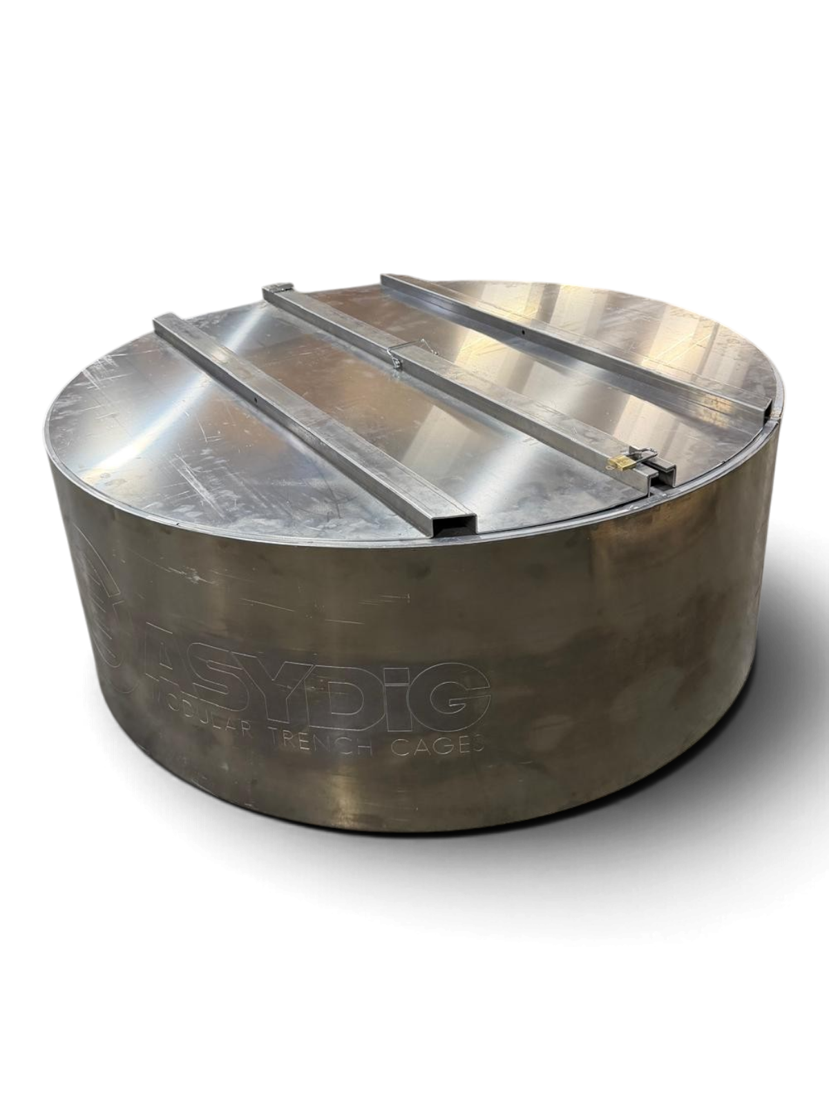 Sewershop EasyDig modular circular trench cage with a metal lid for underground utility repair and excavation safety.
