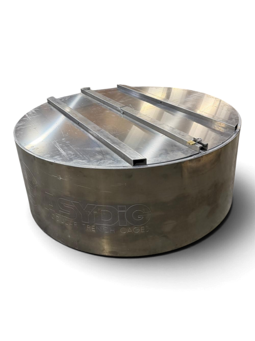 Sewershop EasyDig modular circular trench cage with a metal lid for underground utility repair and excavation safety.