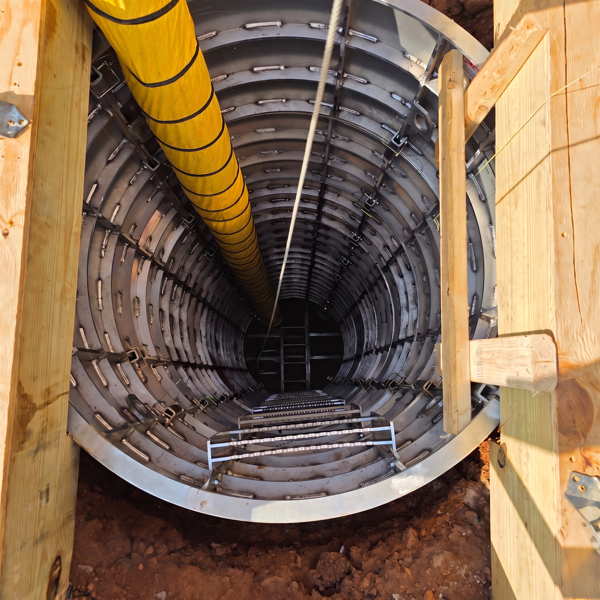 Sewershop EasyDig modular circular trench cage installed in a hydrovac excavation with a yellow vacuum hose and ladder.