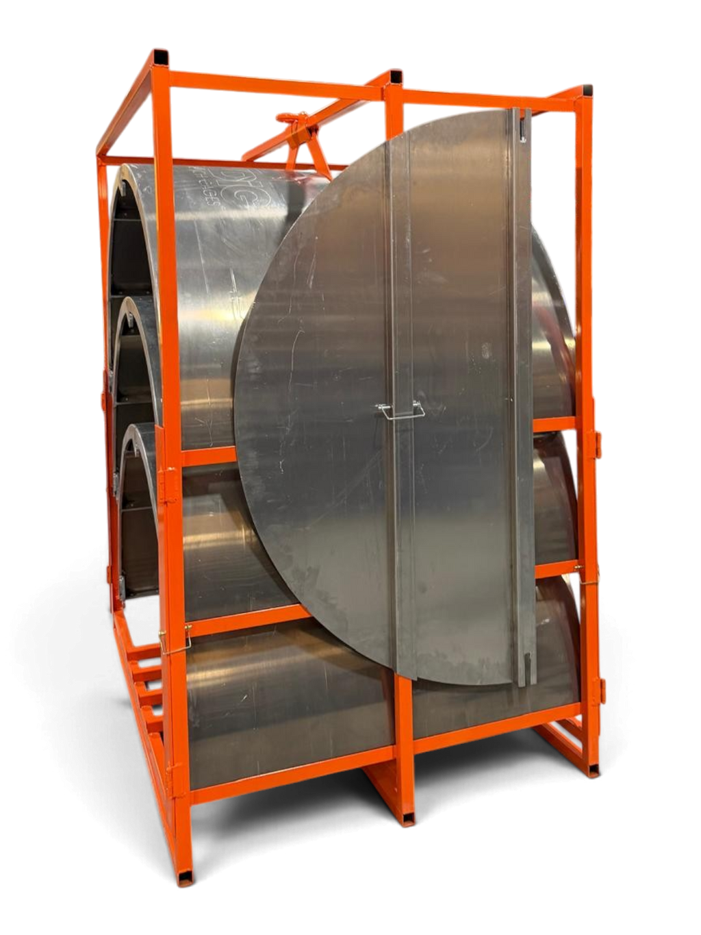 Sewershop EasyDig modular circular trench cage system panels stored in a bright orange metal transport rack
