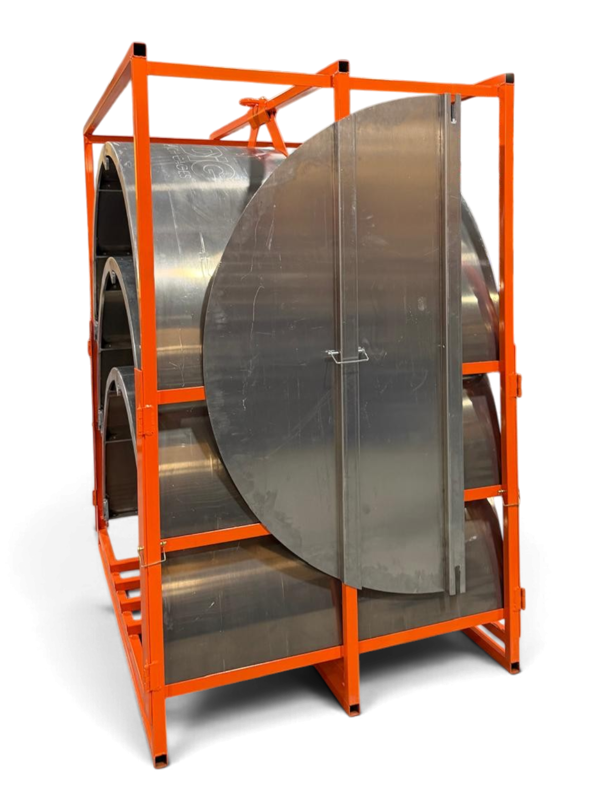 Sewershop EasyDig modular circular trench cage system panels stored in a bright orange metal transport rack