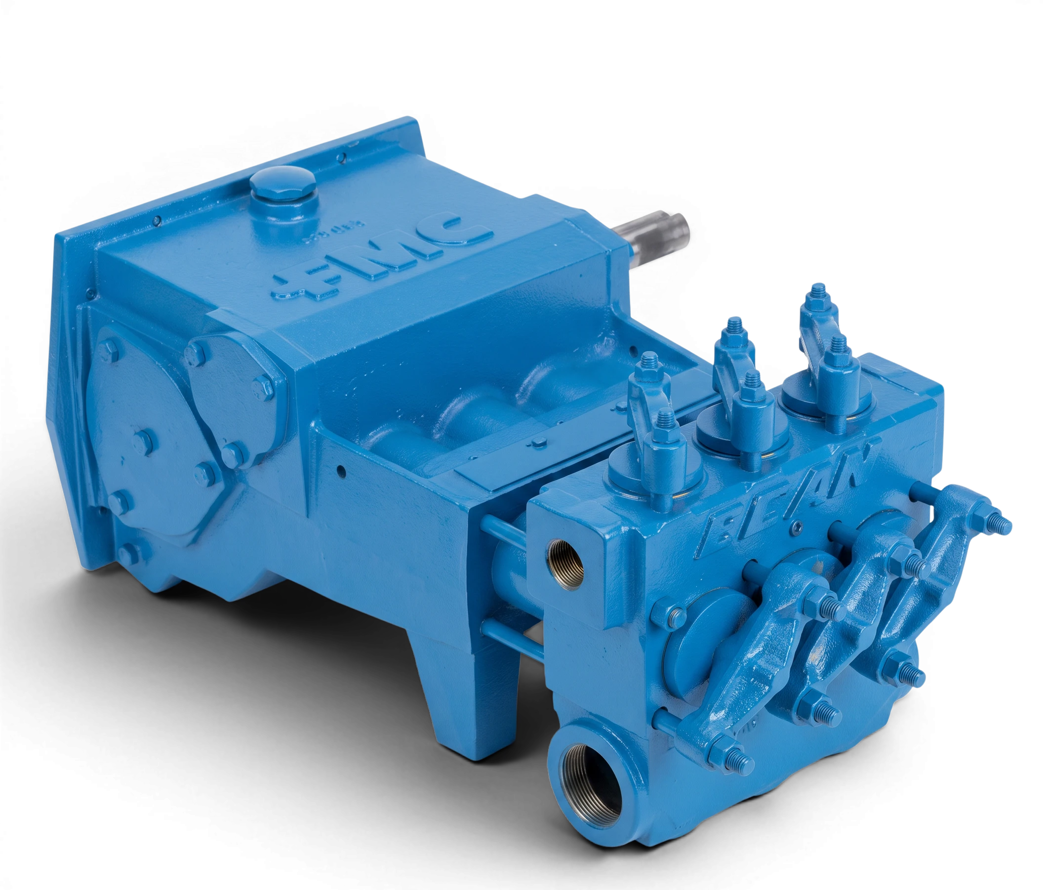 Sewershop FMC Bean L-1114 blue power end assembly for high-pressure water pump, 40 GPM at 3000 PSI capacity.