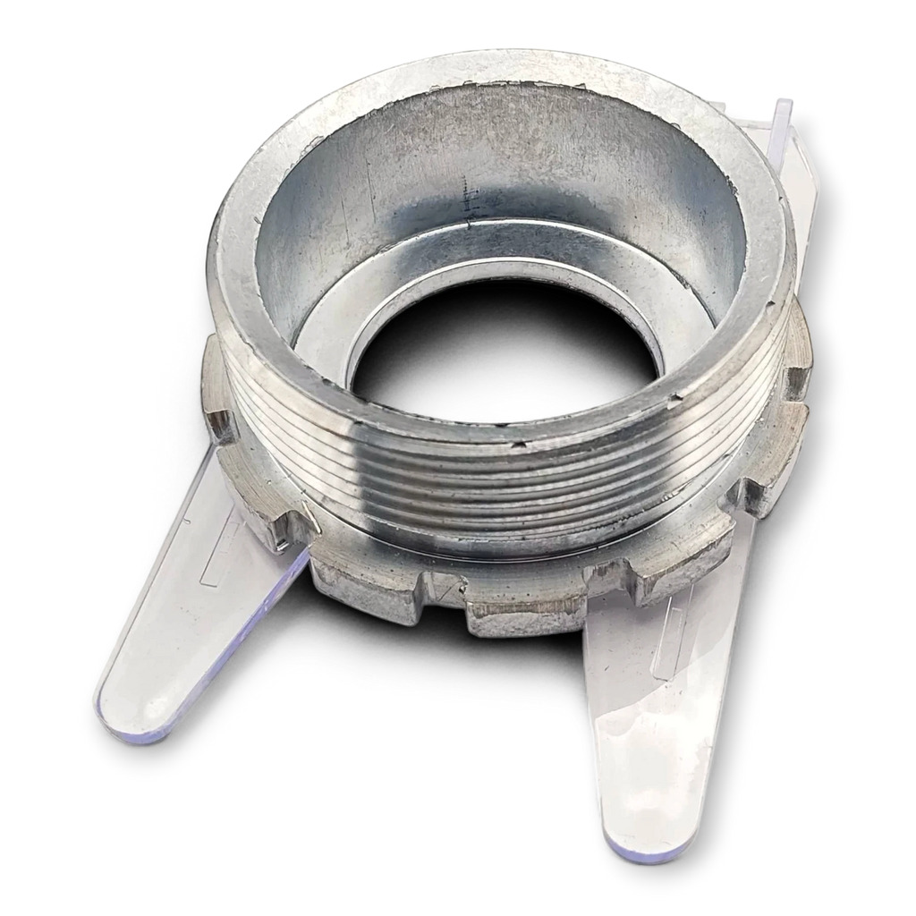 Sewershop FMC Bean L-1114 pump power assembly metal component with threaded exterior and clear plastic guide fins