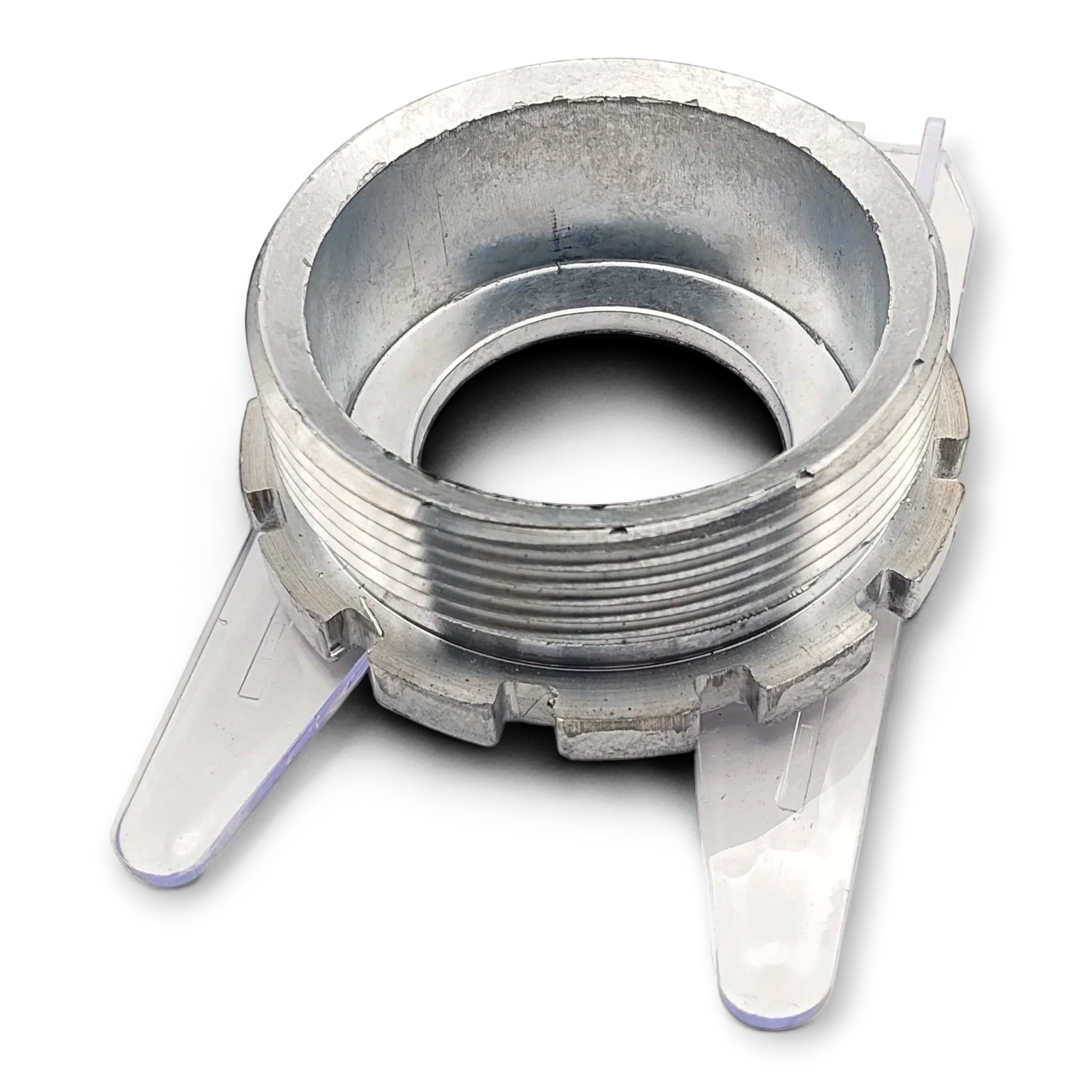 Sewershop FMC Bean L-1114 pump power assembly metal component with threaded exterior and clear plastic guide fins