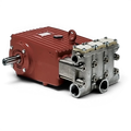 Sewershop GP5142 power end assembly featuring a red cast iron crankcase and metallic pump head for high pressure systems.