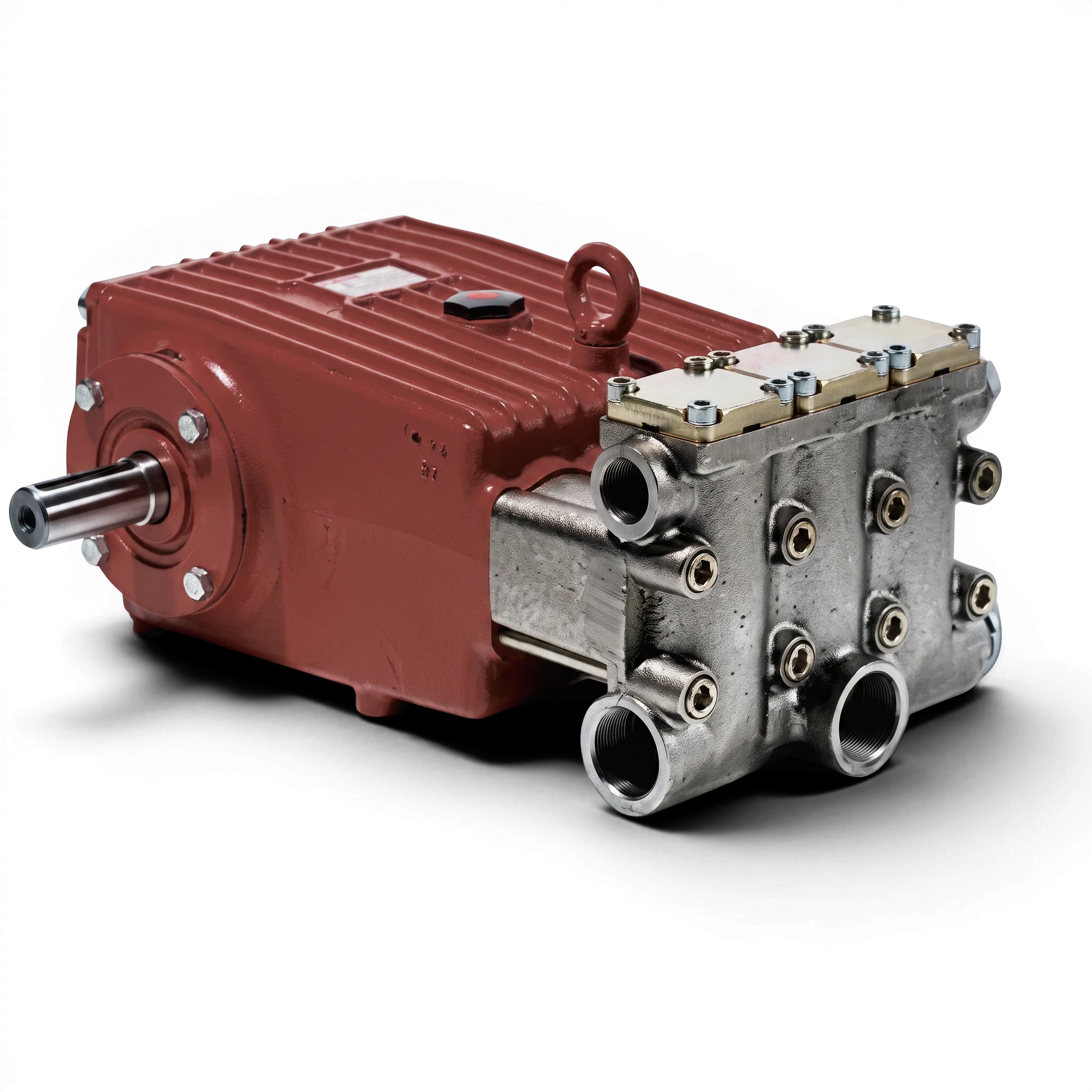Sewershop GP5142 industrial pump power end with red cast iron housing and metallic cylinder head assembly