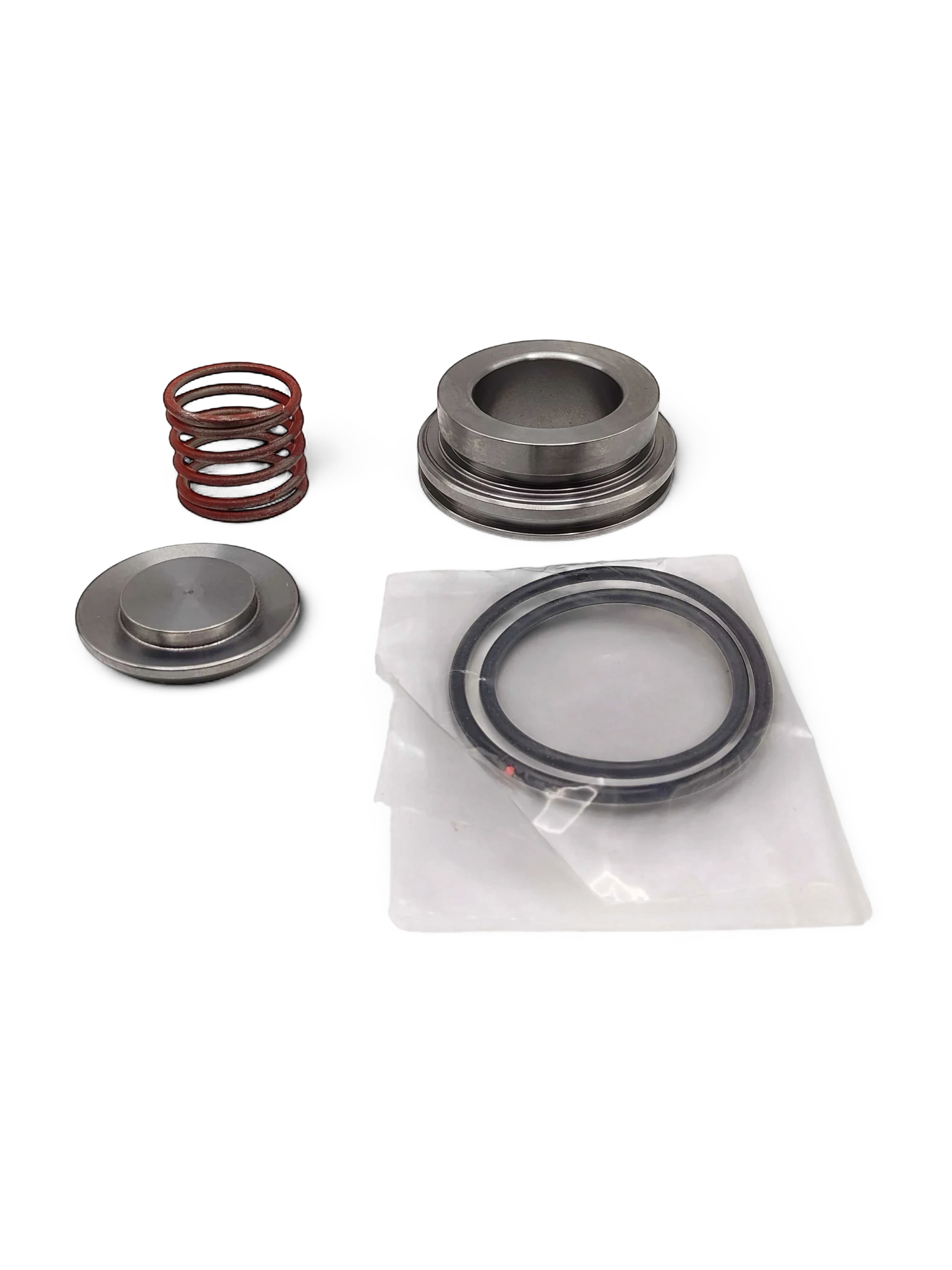 Sewershop GP5142 pump rebuild kit components including metal valve parts, a red spring, and sealed gaskets.