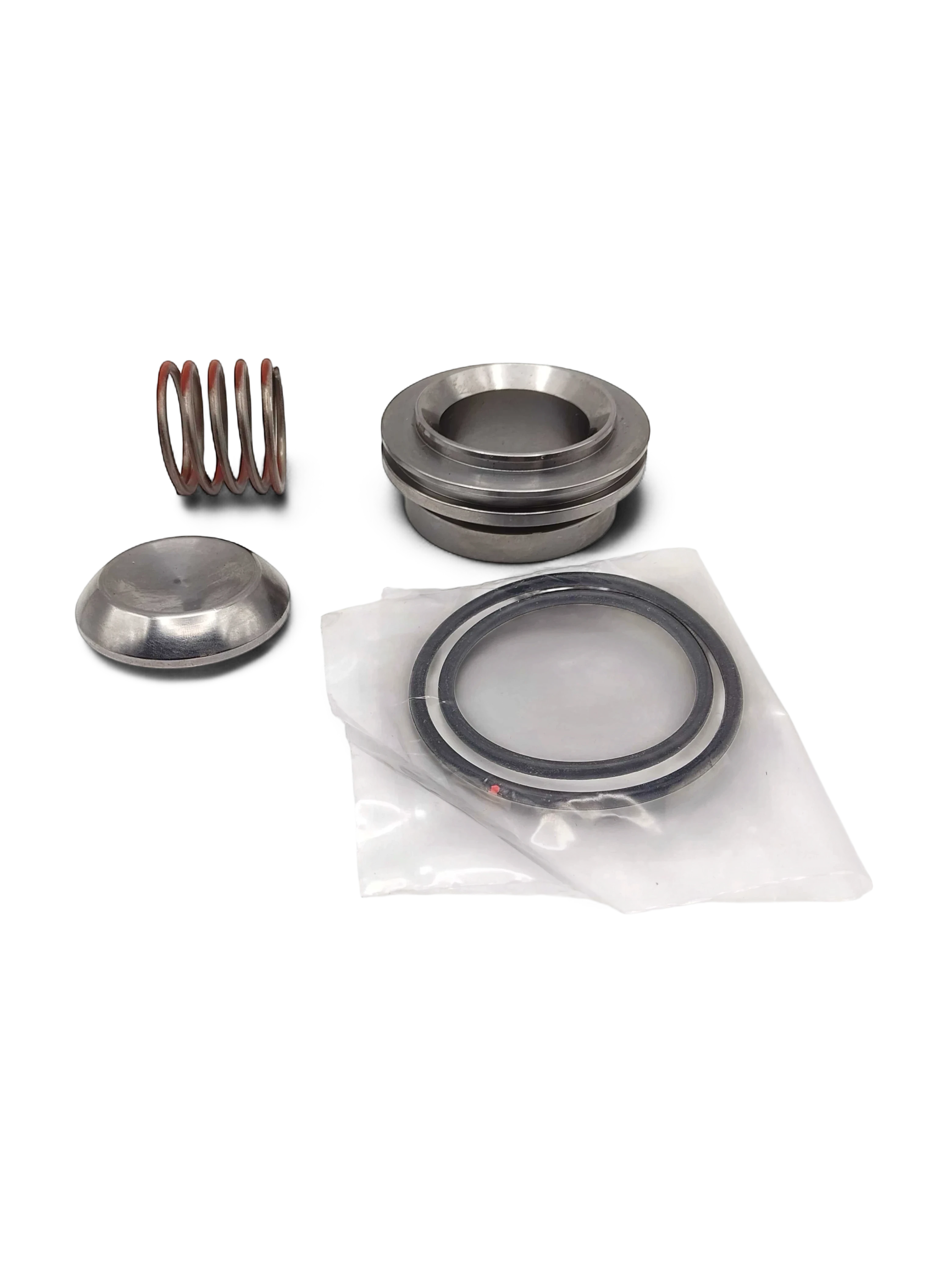 Sewershop GP5142 pump valve repair kit components including metal valve, spring, seat, and seals in plastic packaging.