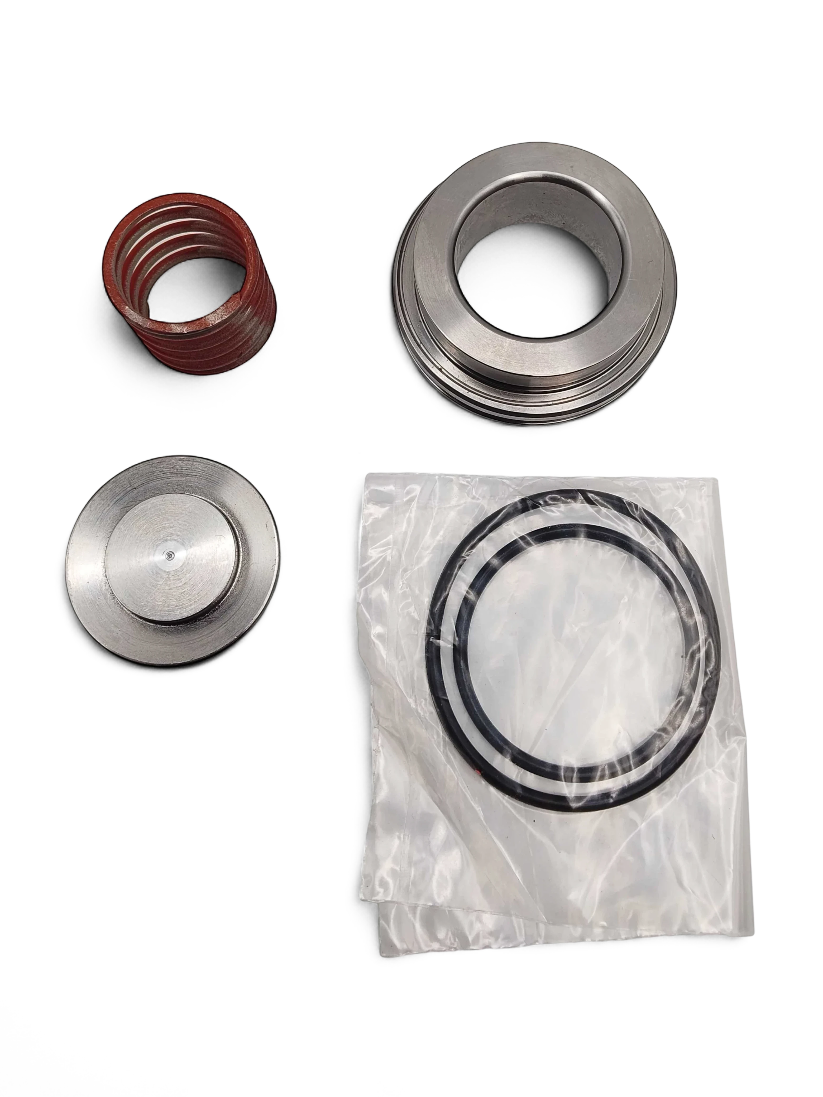 Sewershop GP5142 pump valve repair kit components including metal valve parts, a red spring, and O-rings in a bag.