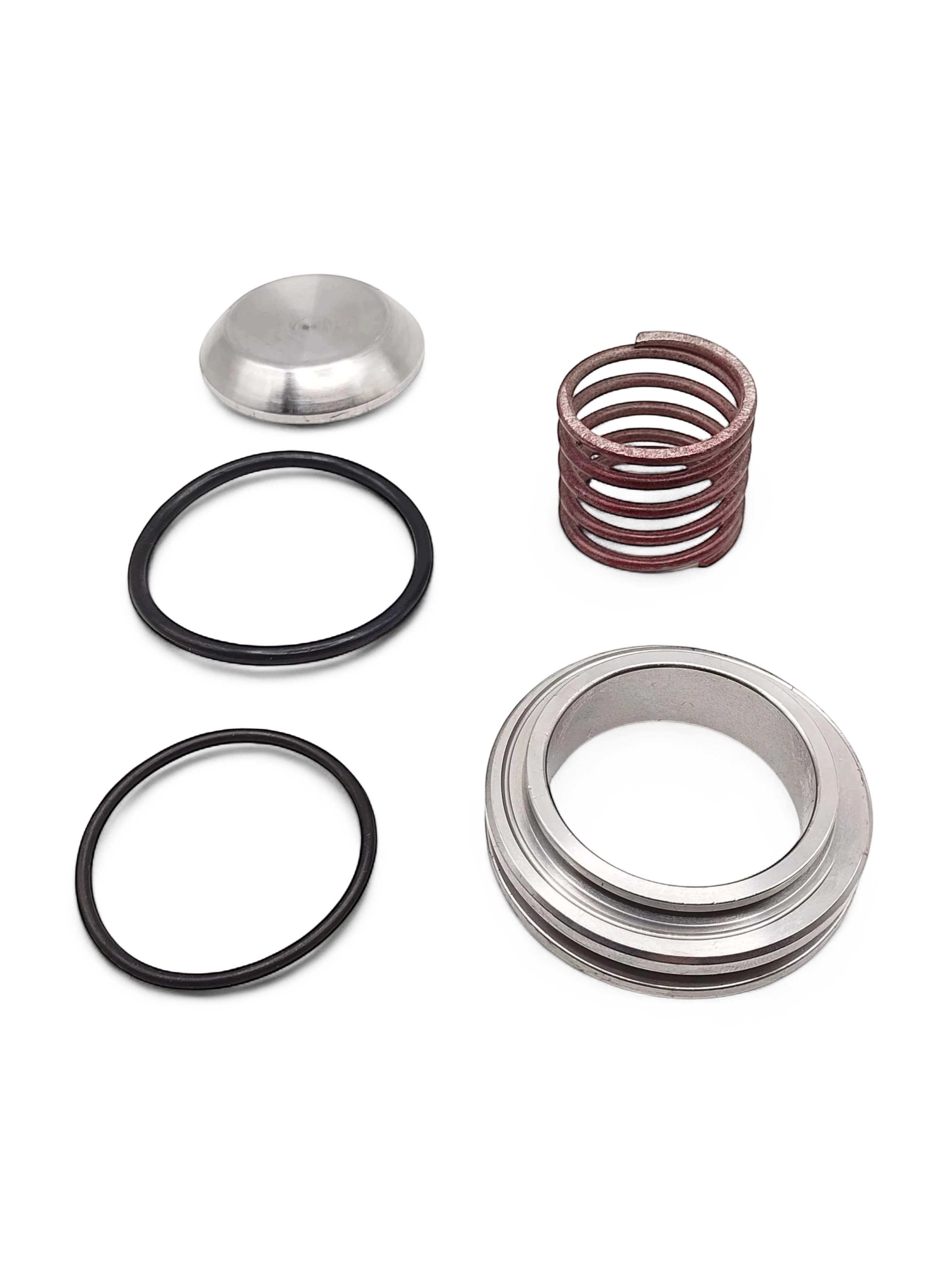 Sewershop GP5142 pump valve repair kit components including metal valve, spring, and black rubber O-ring seals.