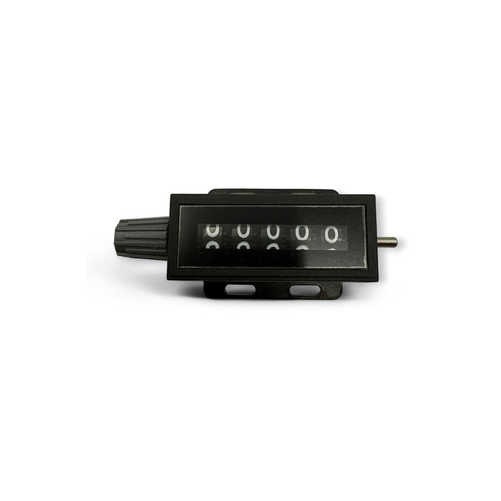 Sewershop hose level wind assembly footage counter with black housing and digital display for sewer cleaning