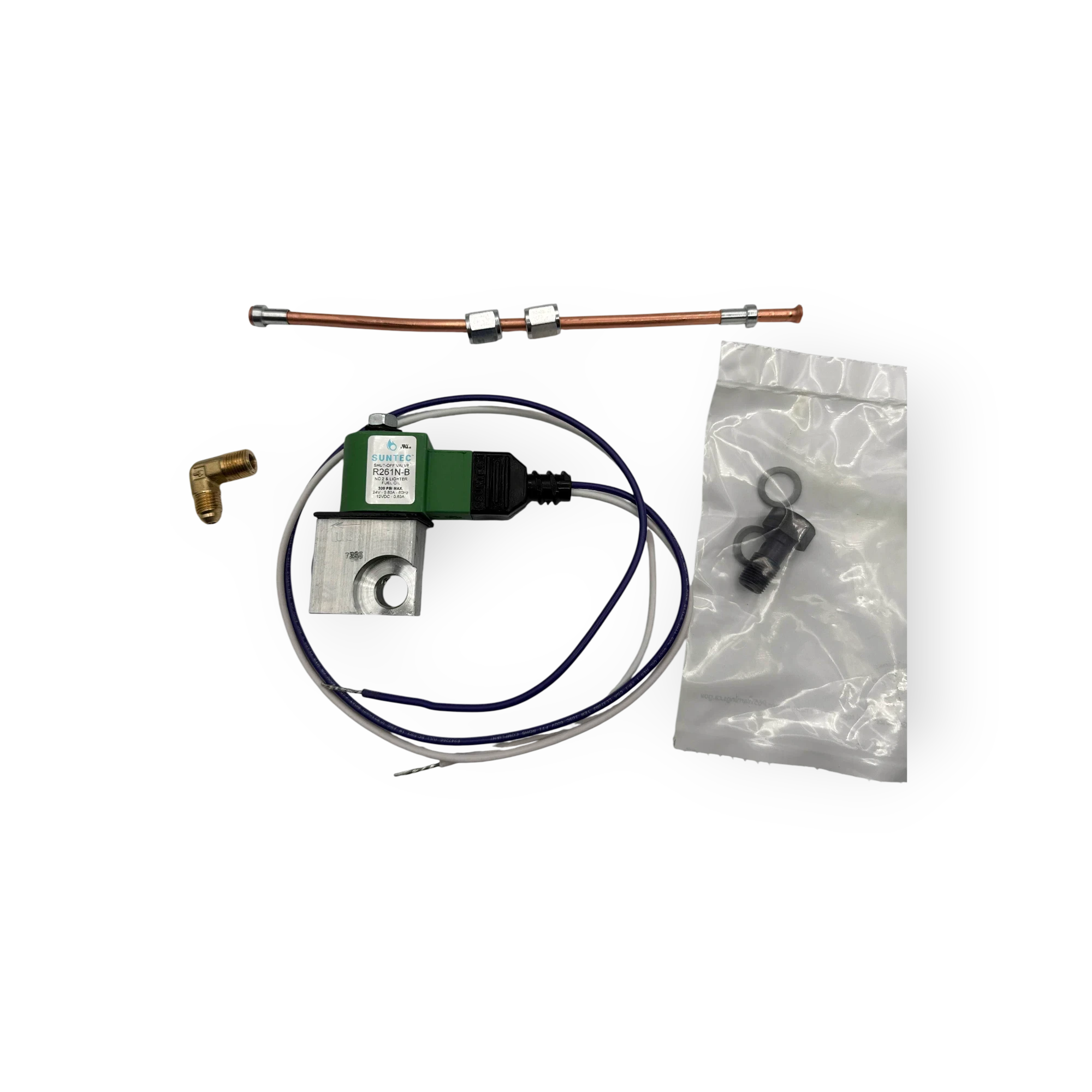 Sewershop Hotsy water heater fuel solenoid valve kit with copper fuel line, brass fitting, and O-ring hardware.