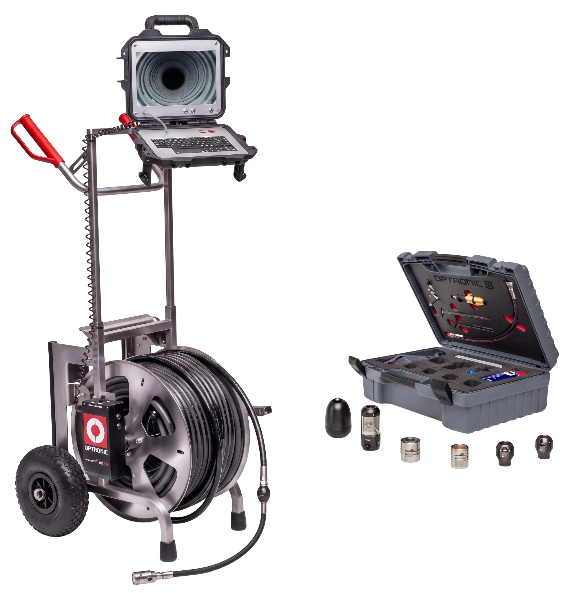 Sewershop enz JetCam 40 Pro sewer camera nozzle system with stainless steel hose reel, monitor, and accessory case.