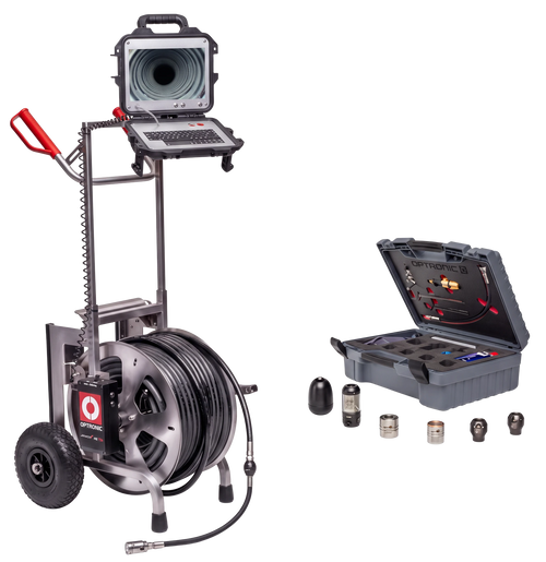 Sewershop enz JetCam 40 Pro sewer camera nozzle system with stainless steel hose reel, monitor, and accessory case.
