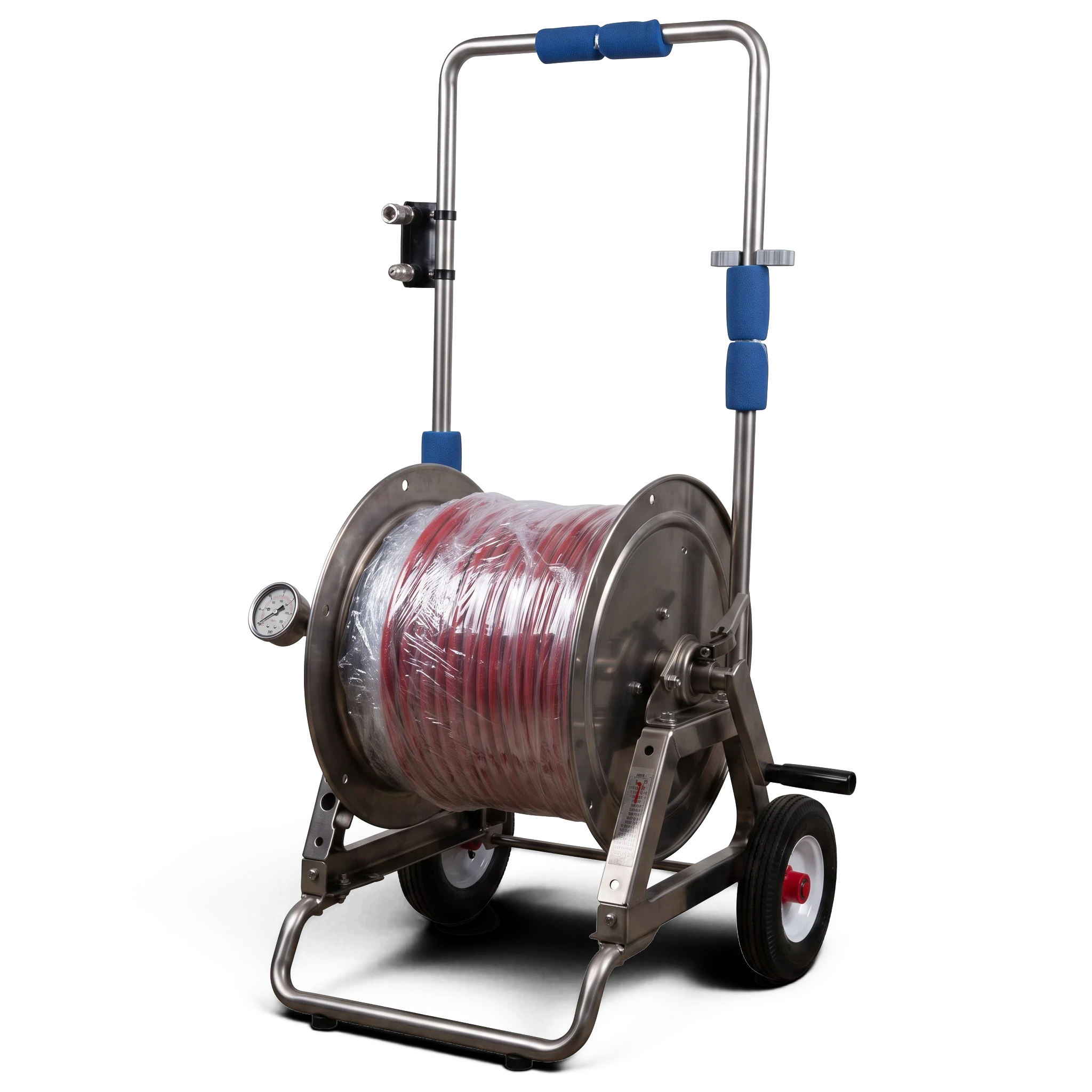 Sewershop lateral line cleaning hose reel cart with red high-pressure hose, stainless steel frame, and pressure gauge
