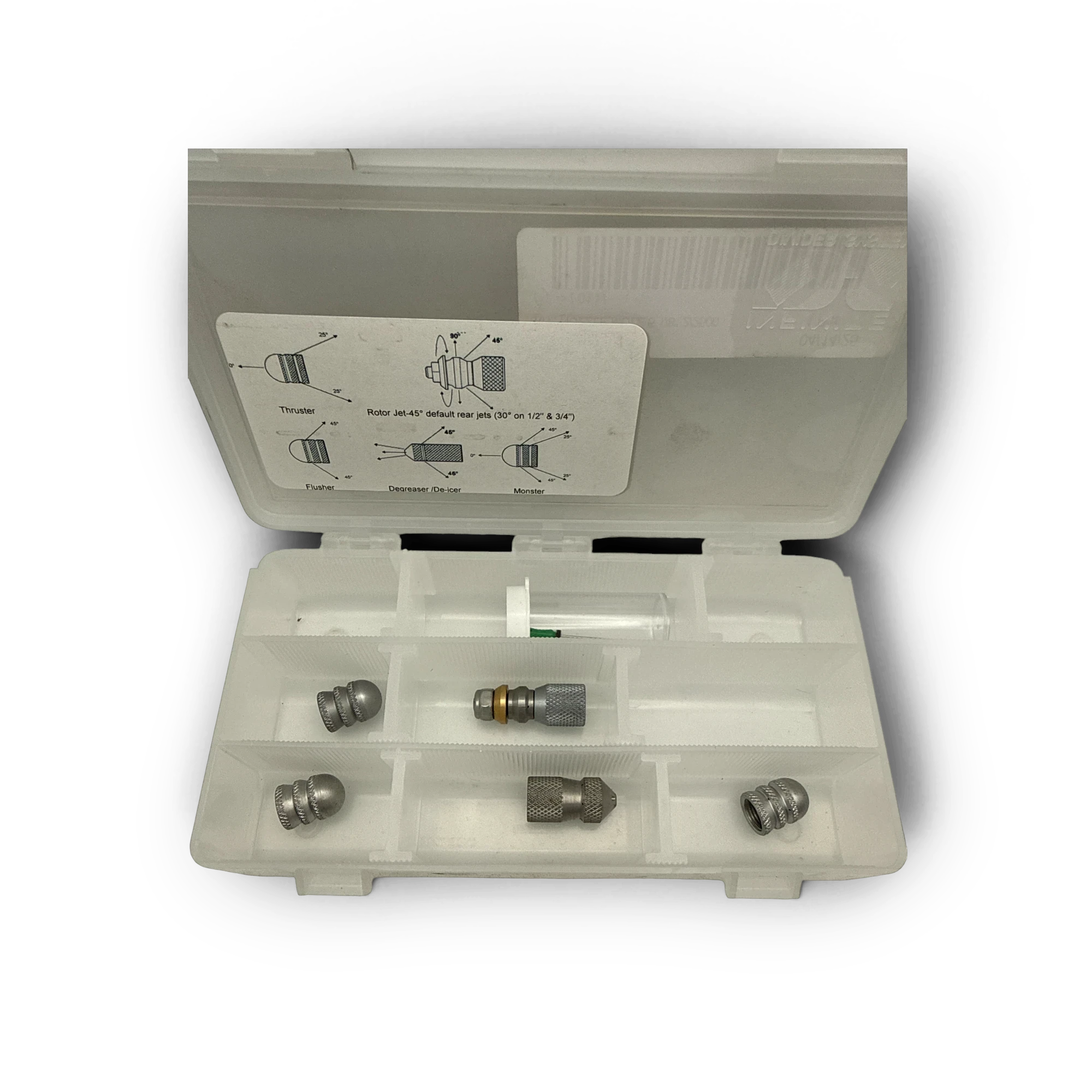 Sewershop lateral line cleaning kit nozzle set in a white plastic storage case with nozzle configuration diagrams.