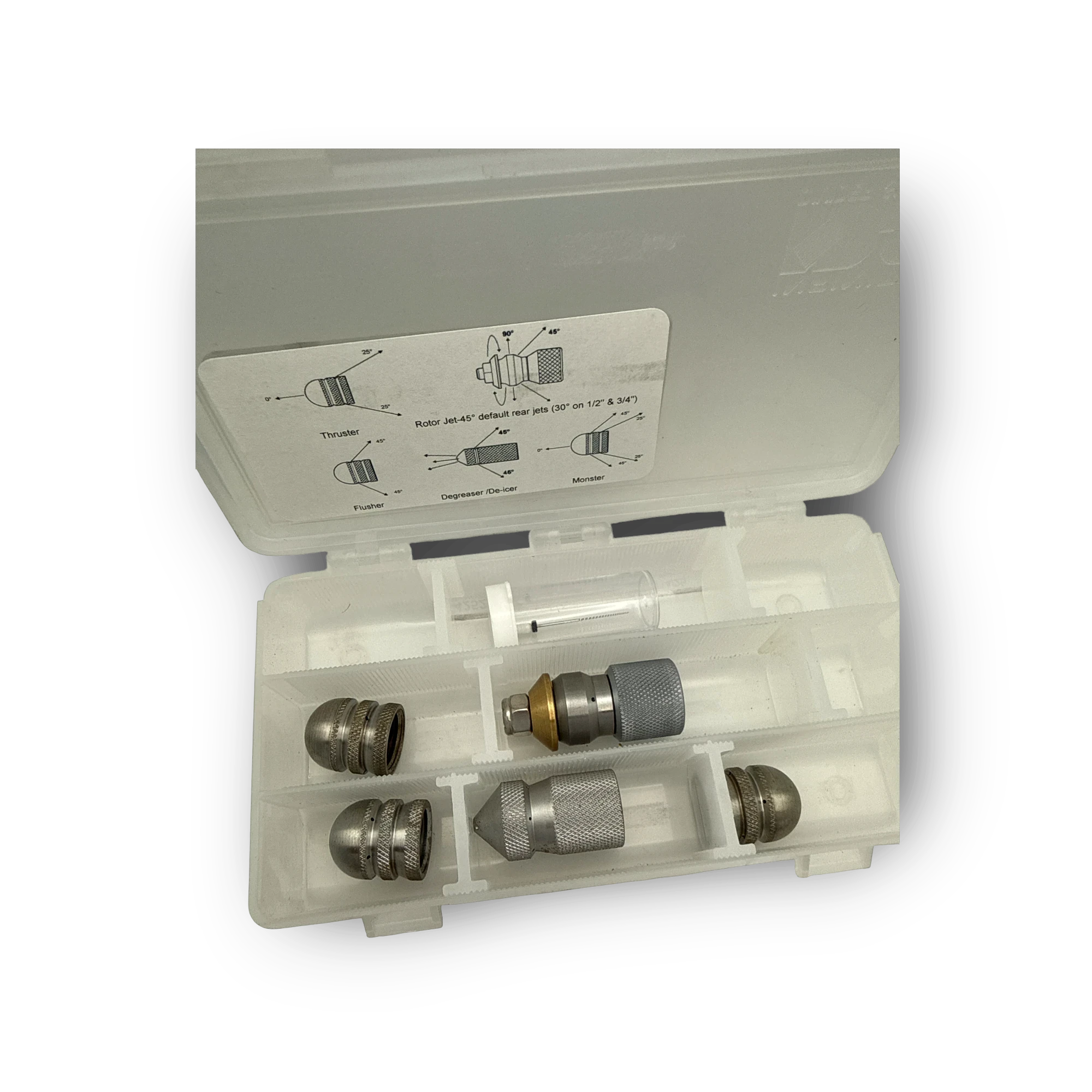 Sewershop lateral line cleaning nozzle kit with various metal jet nozzles stored in a plastic organizer case