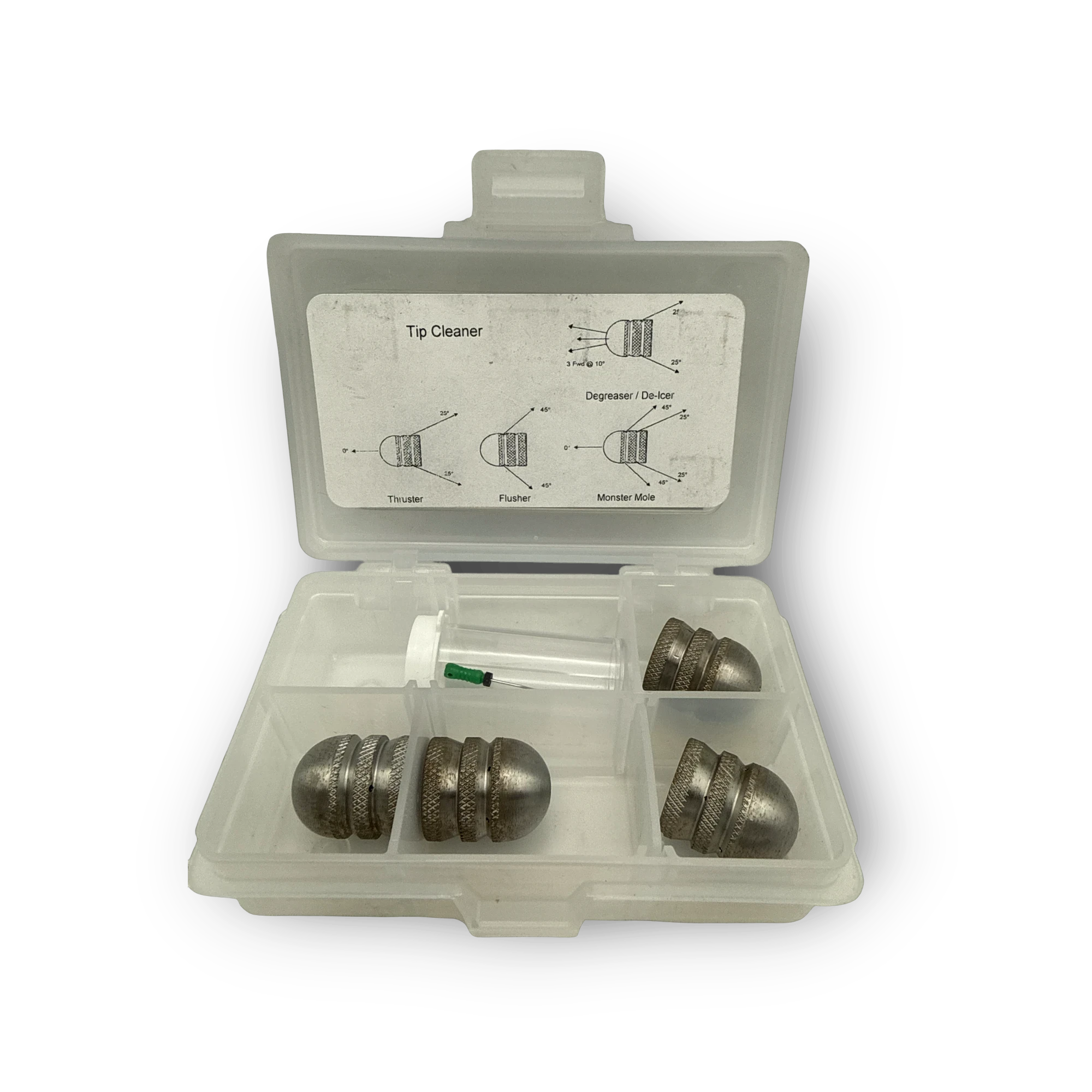 Sewershop lateral line cleaning kit featuring metal mole nozzles and a tip cleaner tool in a plastic storage case.