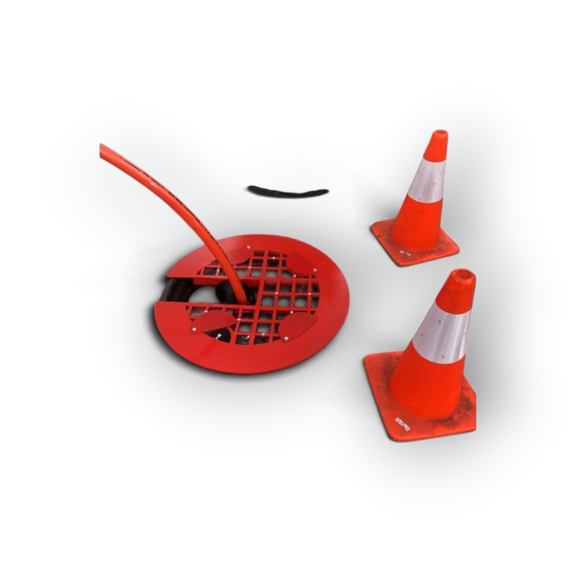 Sewershop red circular manhole safety grill with orange hose and two traffic cones for jobsite protection