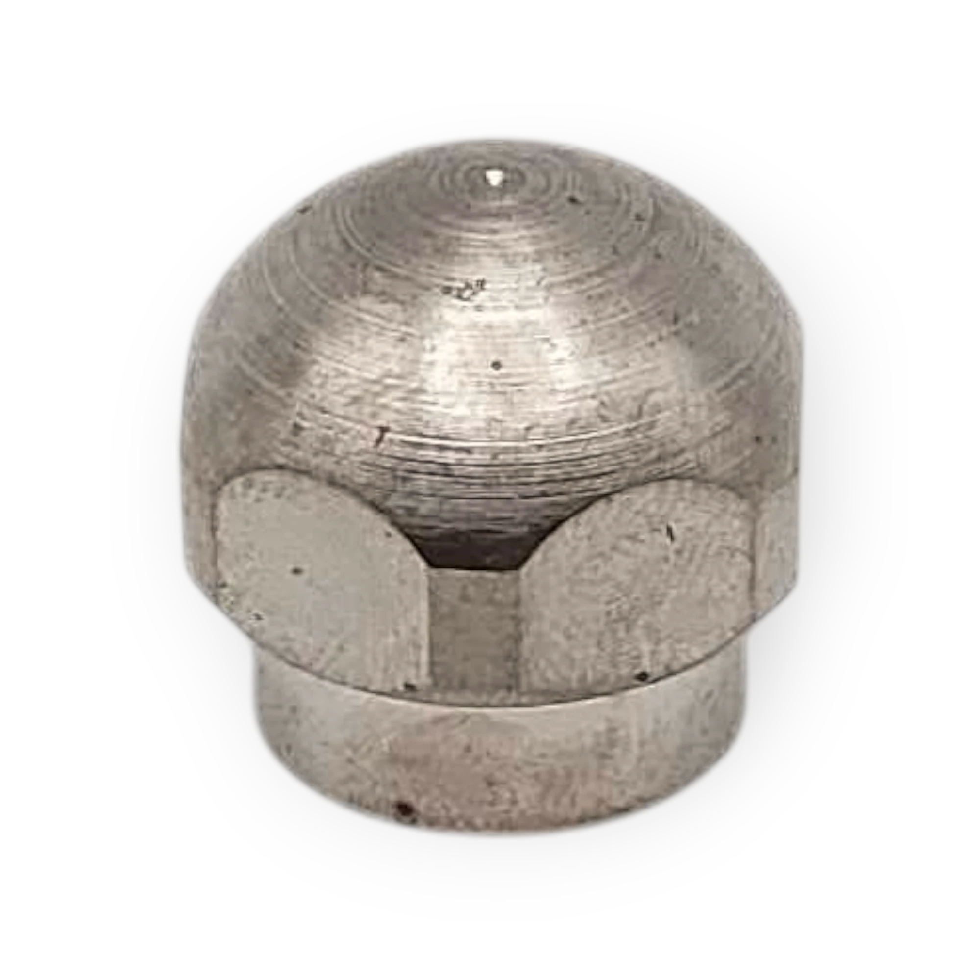 Sewershop metal drain cleaning nozzle with a rounded dome head and hexagonal base for Mini Drain Kit systems