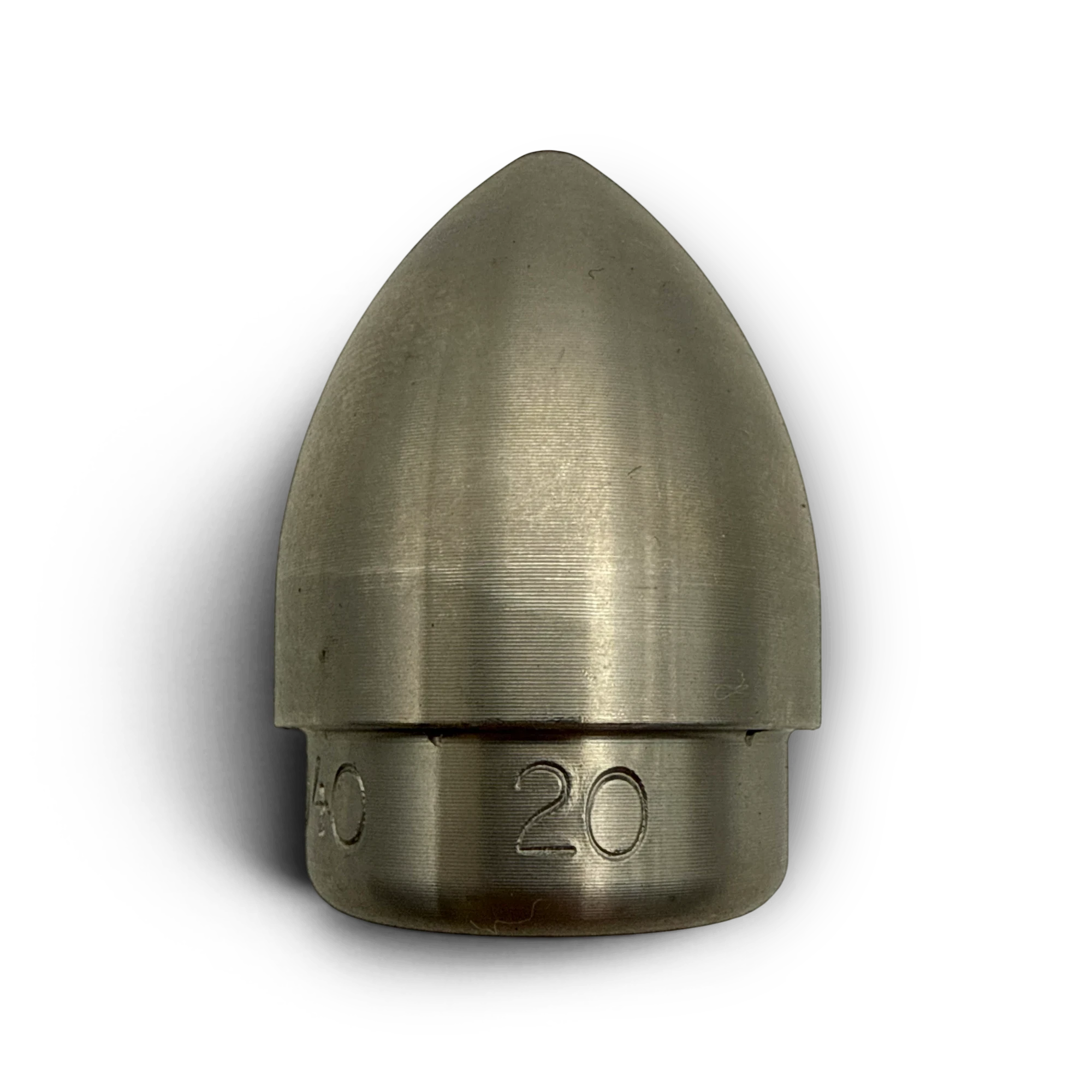 Sewershop metal mole nozzle for lateral line cleaning systems with engraved size markings