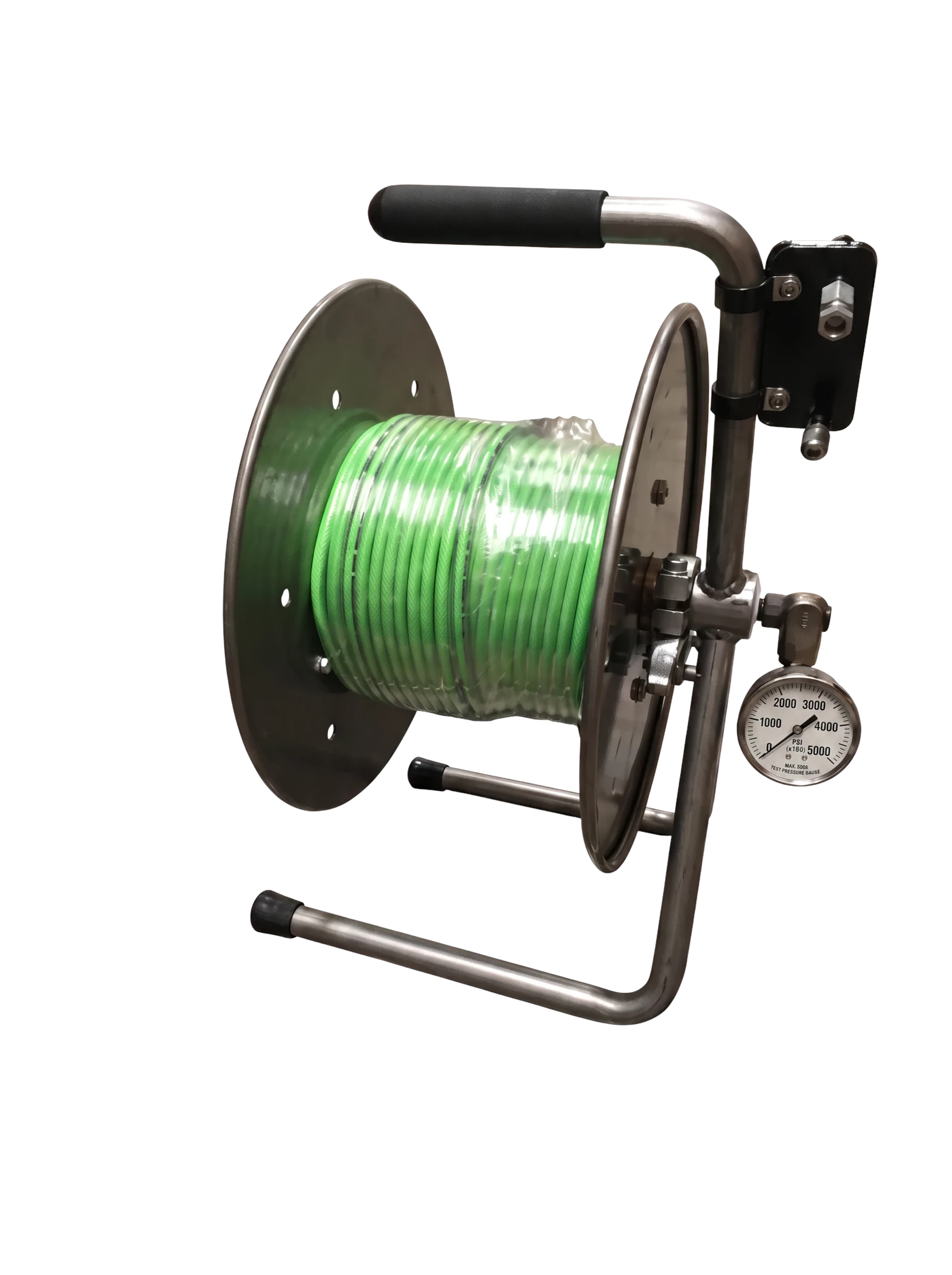 Sewershop Mini Drain Kit hose reel with green drain cleaning hose, metal frame, and integrated pressure gauge