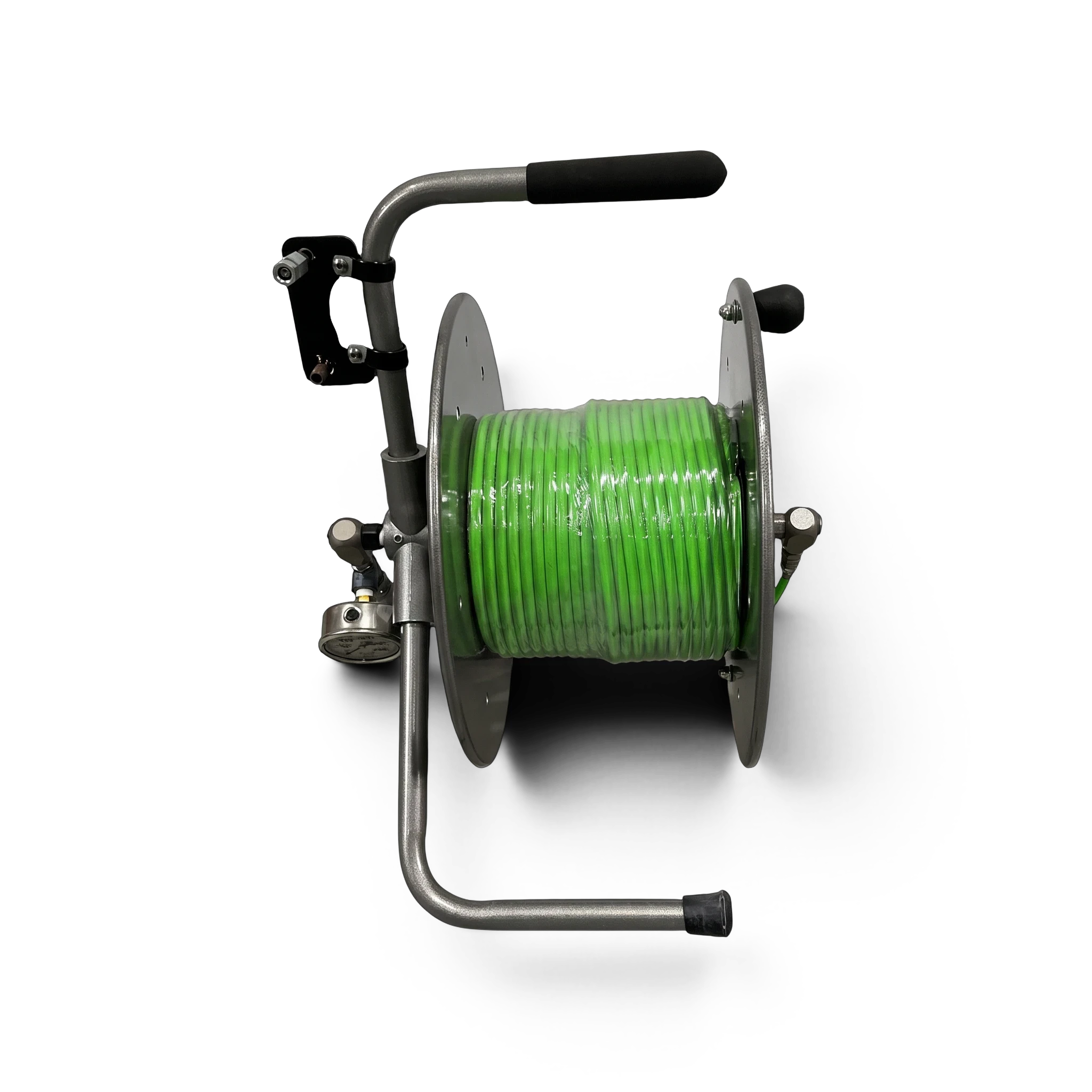 Sewershop Mini Drain Kit System featuring a green Piranha jetting hose on a compact metal Hannay reel