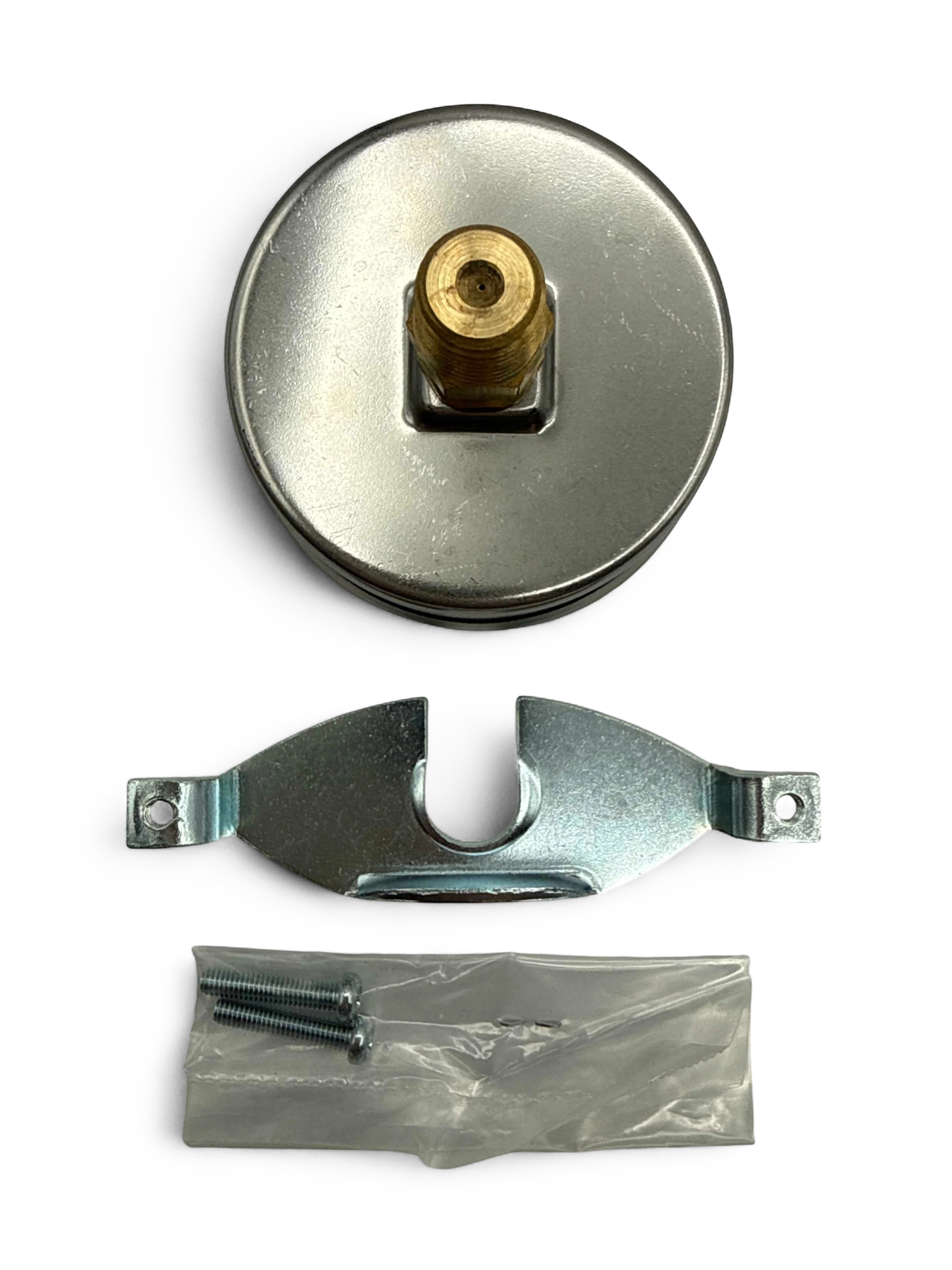 Sewershop Mini Drain Kit pressure gauge with mounting bracket and hardware for drain cleaning system maintenance